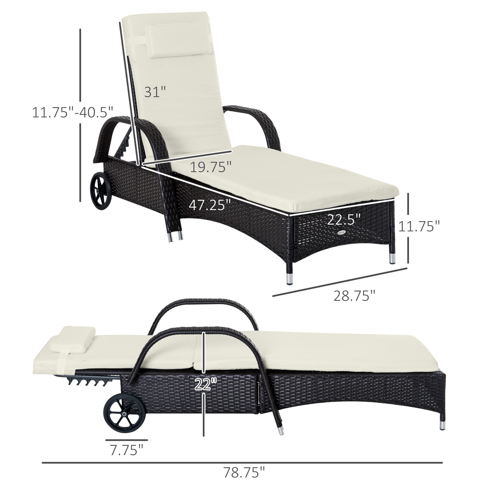 Outsunny Wicker Chaise Lounge, Outdoor Lounge Chair, PE Rattan Patio Sun lounger with Head-rest, 5-Level Height Adjust Backrest, Cushion & Wheels, Deep Coffee and Cream White
