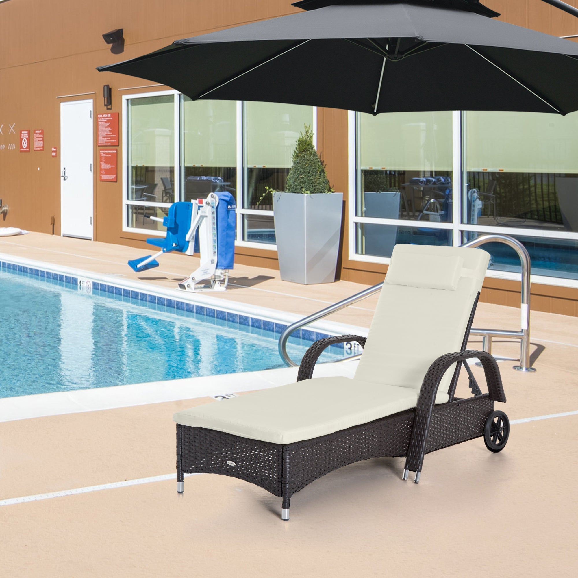Outsunny Wicker Chaise Lounge, Outdoor Lounge Chair, PE Rattan Patio Sun lounger with Head-rest, 5-Level Height Adjust Backrest, Cushion & Wheels, Deep Coffee and Cream White