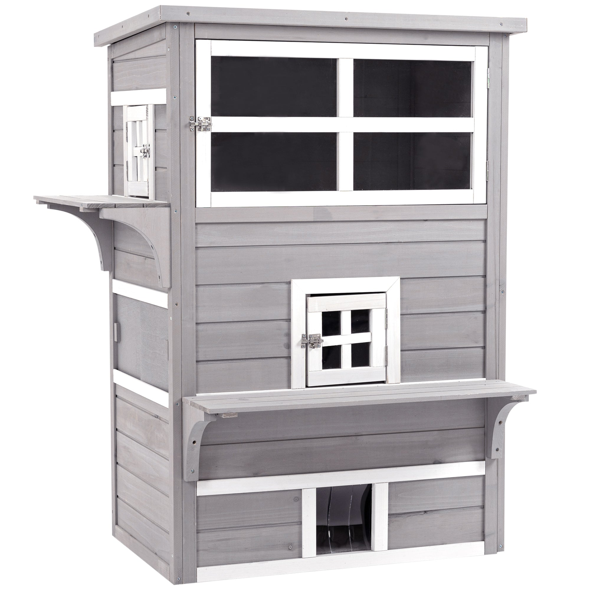 PawHut Outdoor Cat House, 3 Tier Wooden Kitten Shelter with Jumping Platforms, Asphalt Roof, Doors for Indoor, Garden - Grey