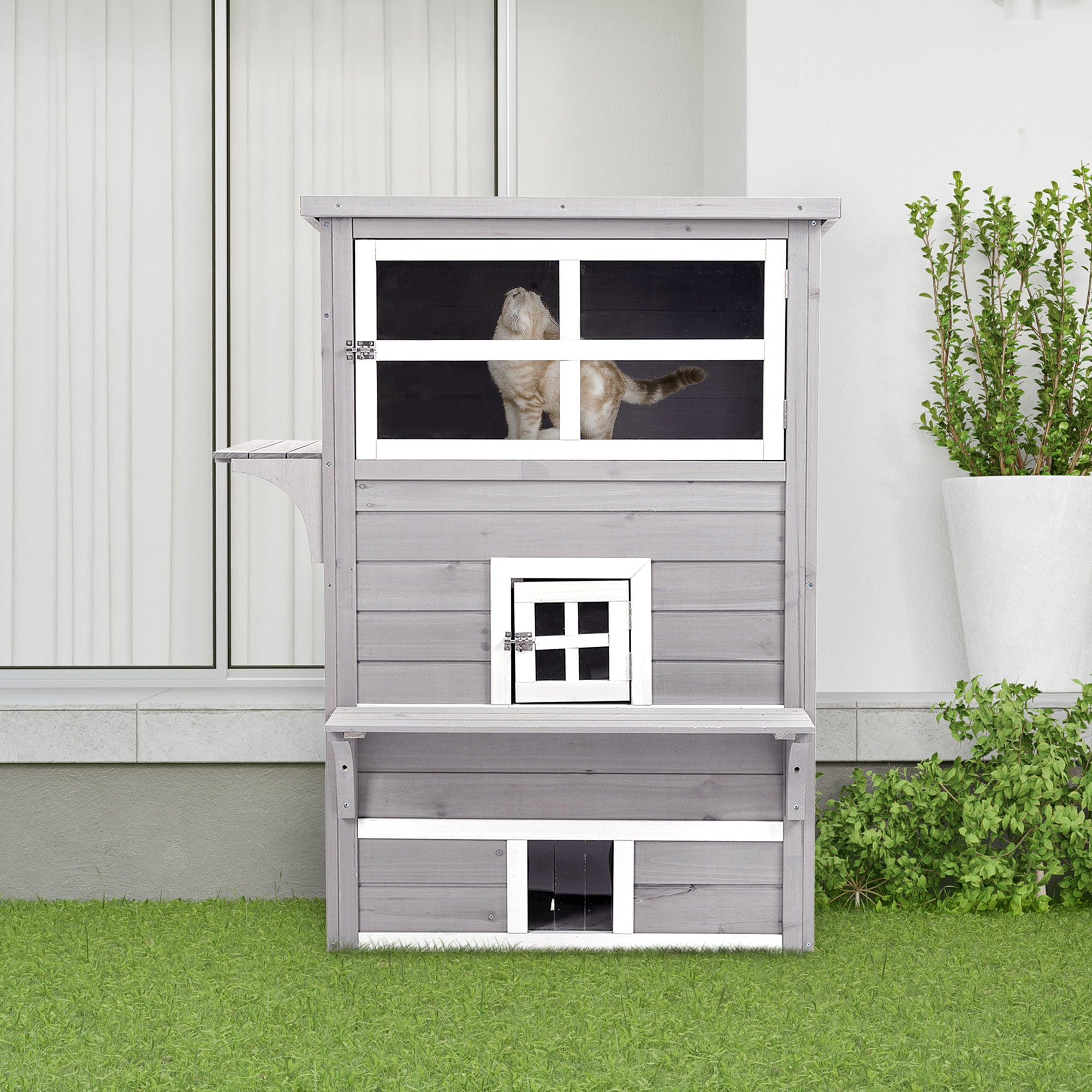 PawHut Outdoor Cat House, 3 Tier Wooden Kitten Shelter with Jumping Platforms, Asphalt Roof, Doors for Indoor, Garden - Grey