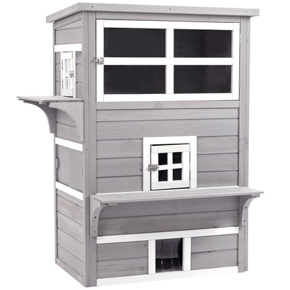 PawHut Outdoor Cat House, 3 Tier Wooden Kitten Shelter with Jumping Platforms, Asphalt Roof, Doors for Indoor, Garden - Grey