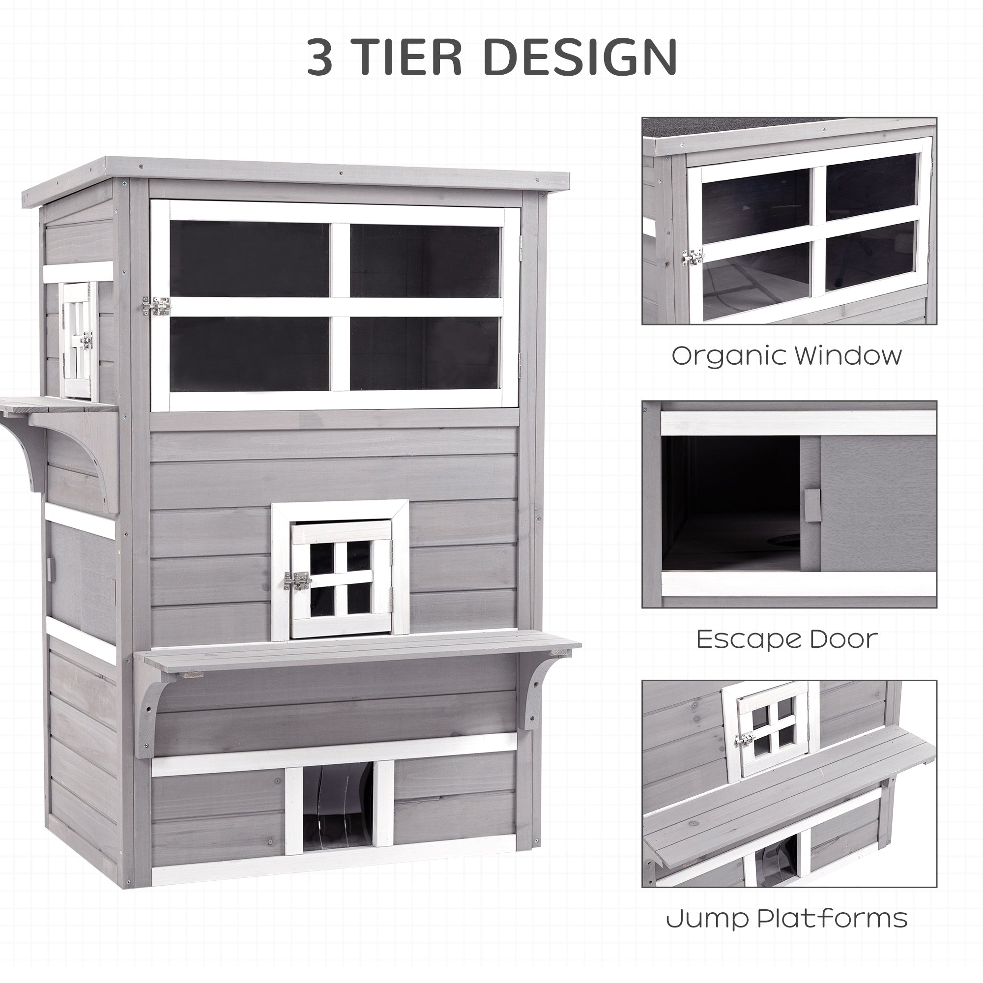 PawHut Outdoor Cat House, 3 Tier Wooden Kitten Shelter with Jumping Platforms, Asphalt Roof, Doors for Indoor, Garden - Grey