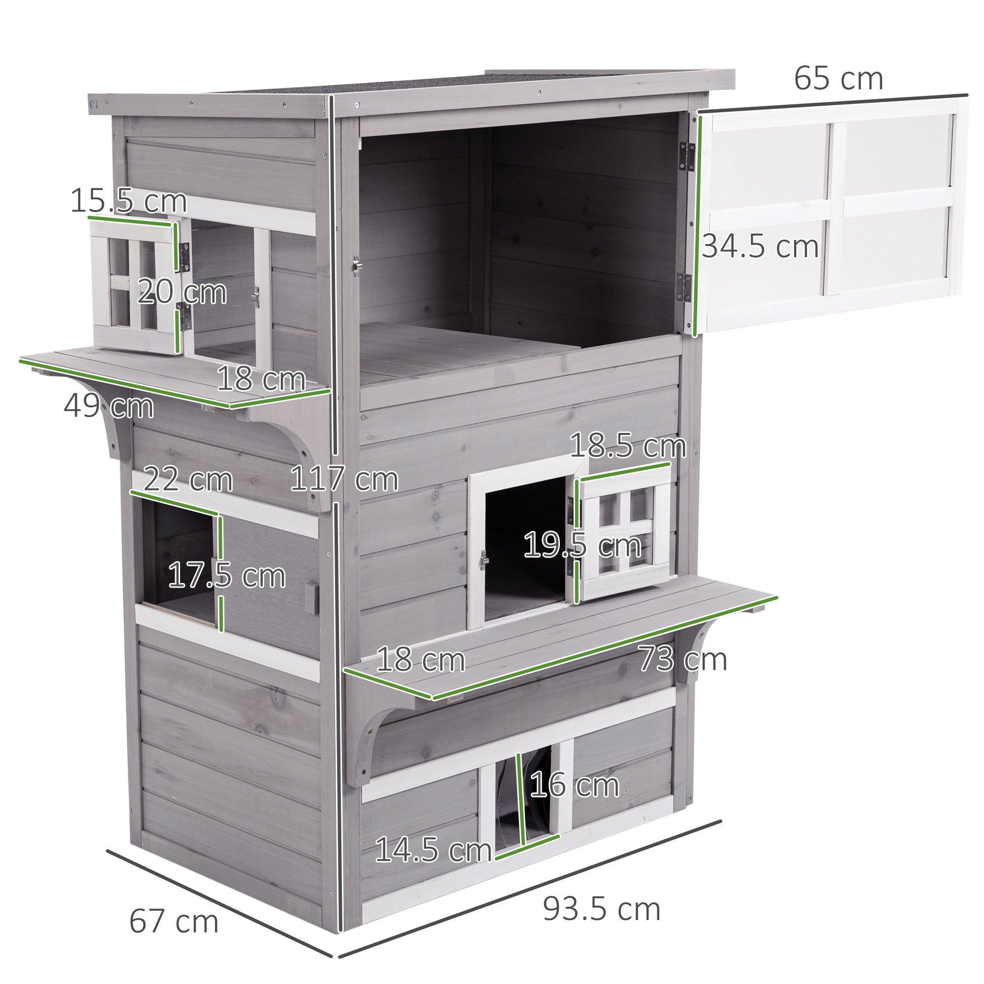 PawHut Outdoor Cat House, 3 Tier Wooden Kitten Shelter with Jumping Platforms, Asphalt Roof, Doors for Indoor, Garden - Grey