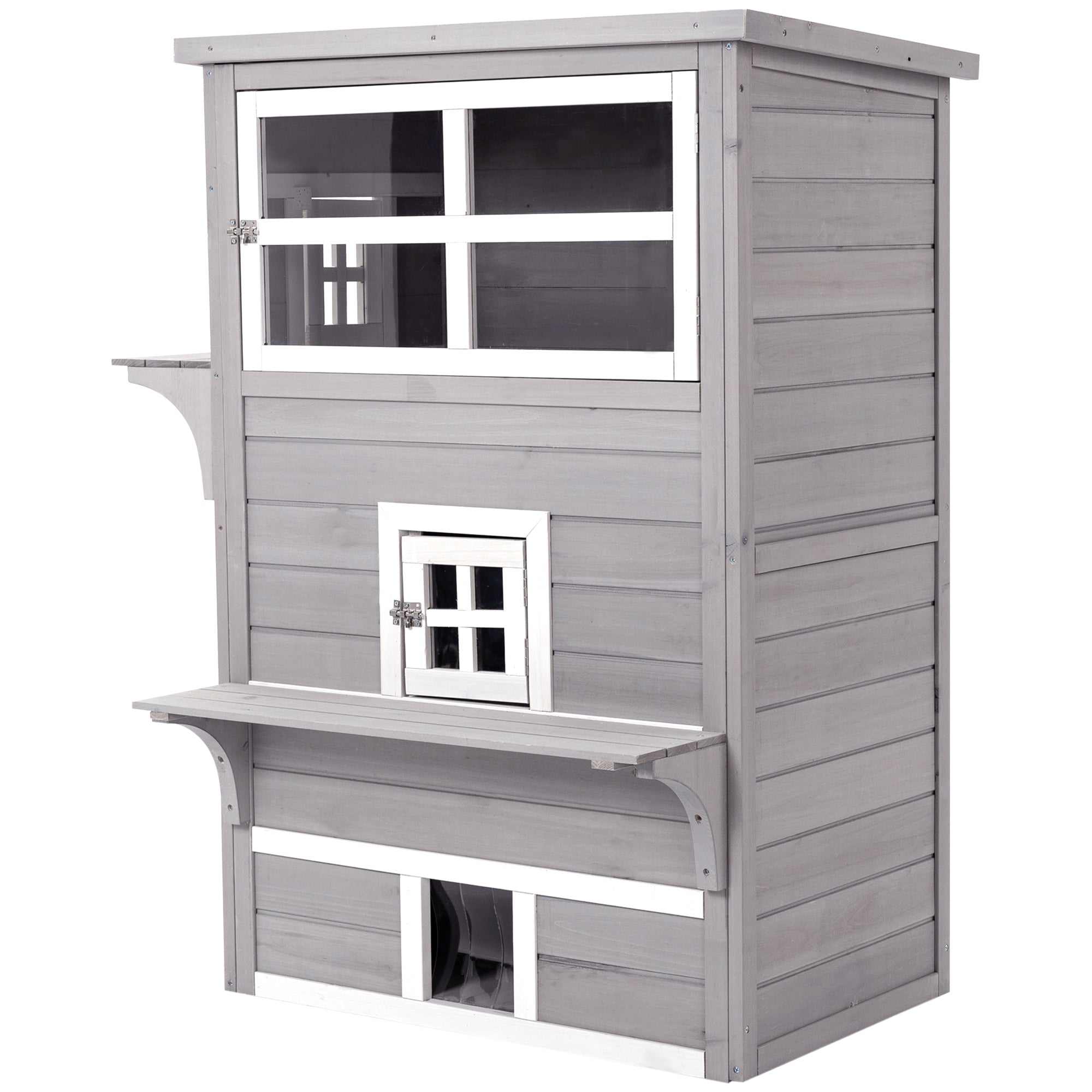 PawHut Outdoor Cat House, 3 Tier Wooden Kitten Shelter with Jumping Platforms, Asphalt Roof, Doors for Indoor, Garden - Grey