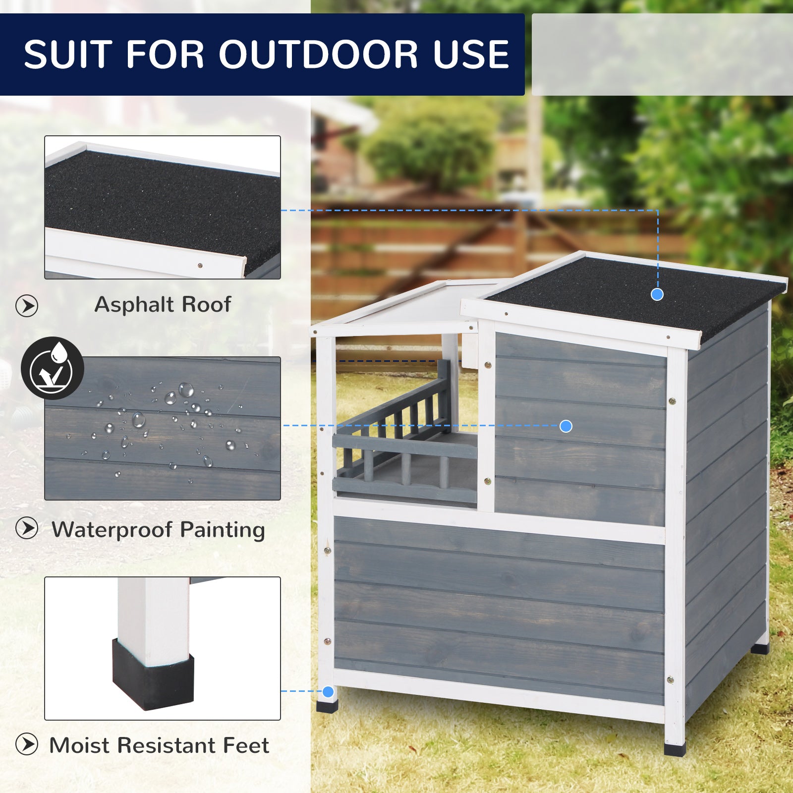 PawHut 2-Story Wooden Cat House Feral Cat Shelter with Transparent PVC Canopy, Balcony, Escape Door and Openable Weatherproof Roof for Outdoor, Grey