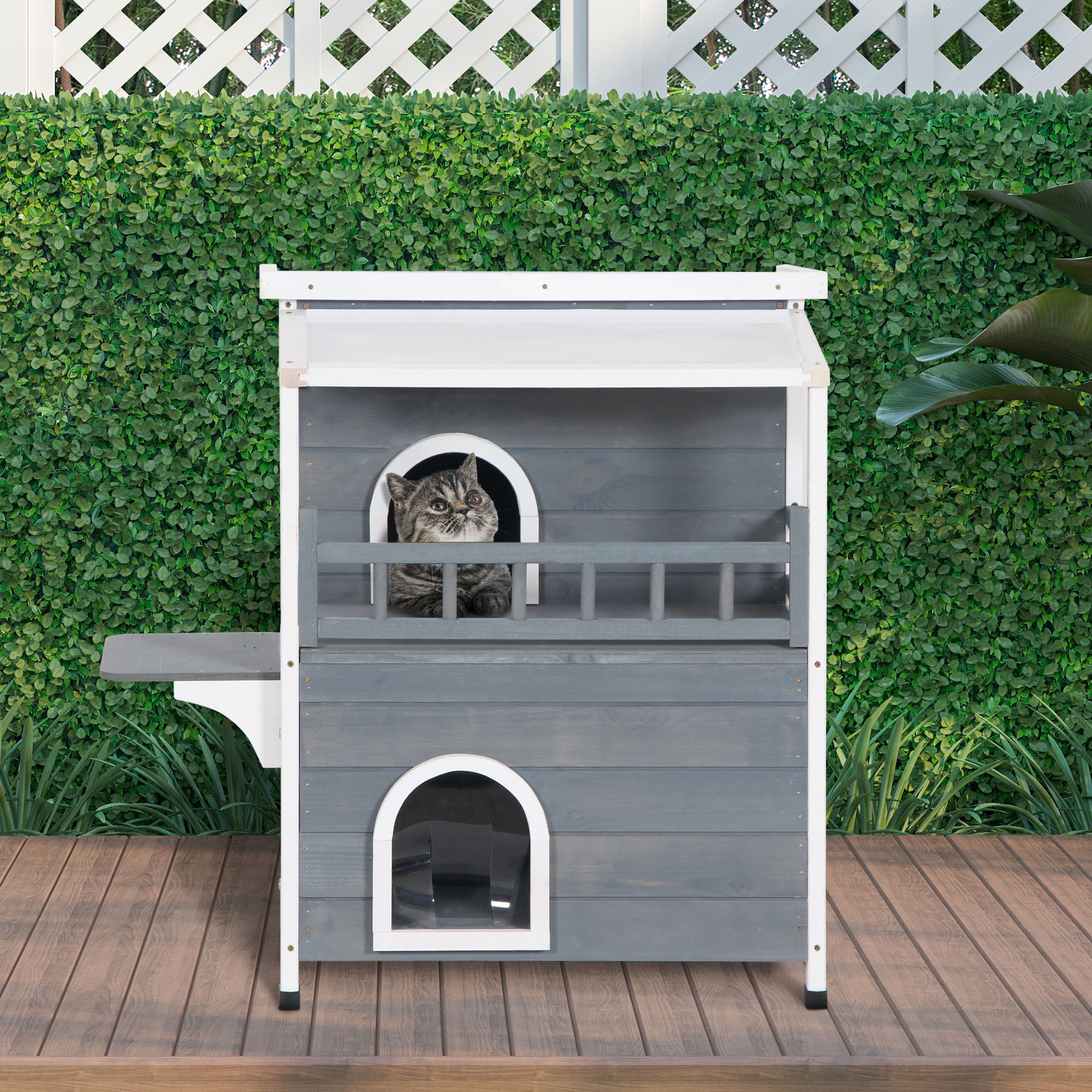 PawHut 2-Story Wooden Cat House Feral Cat Shelter with Transparent PVC Canopy, Balcony, Escape Door and Openable Weatherproof Roof for Outdoor, Grey