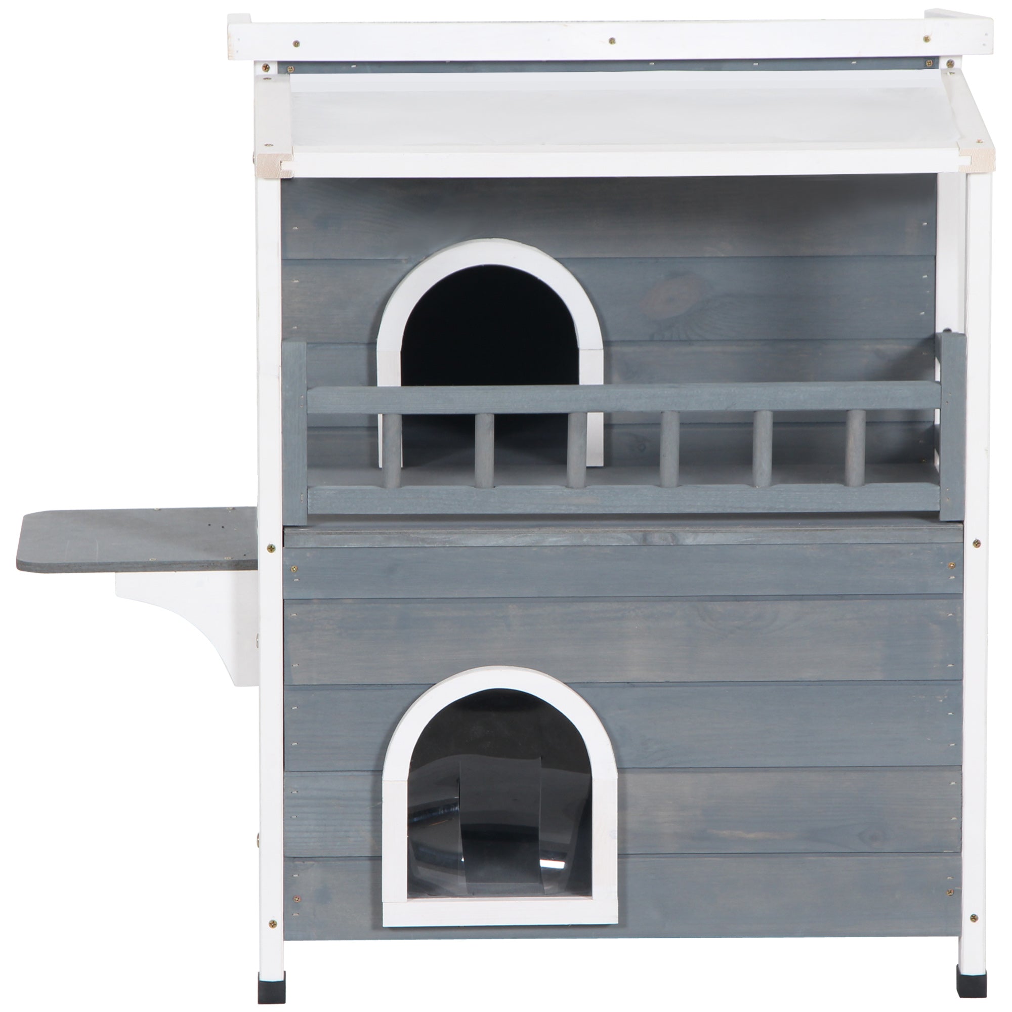 PawHut 2-Story Wooden Cat House Feral Cat Shelter with Transparent PVC Canopy, Balcony, Escape Door and Openable Weatherproof Roof for Outdoor, Grey