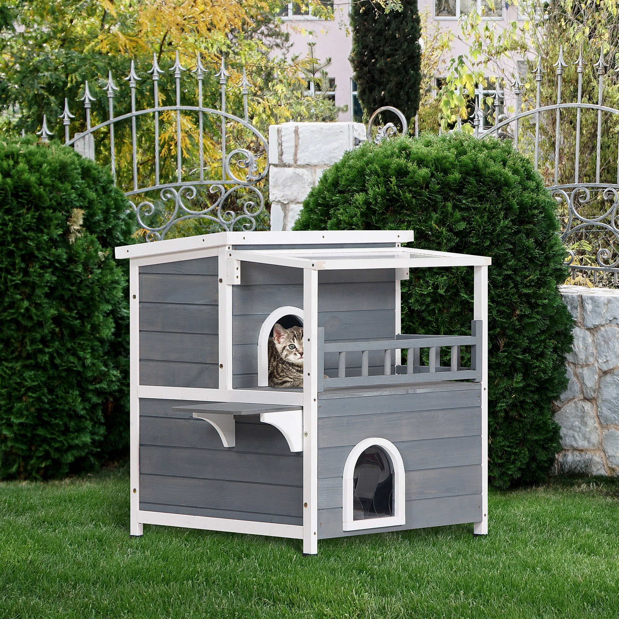 PawHut 2-Story Wooden Cat House Feral Cat Shelter with Transparent PVC Canopy, Balcony, Escape Door and Openable Weatherproof Roof for Outdoor, Grey
