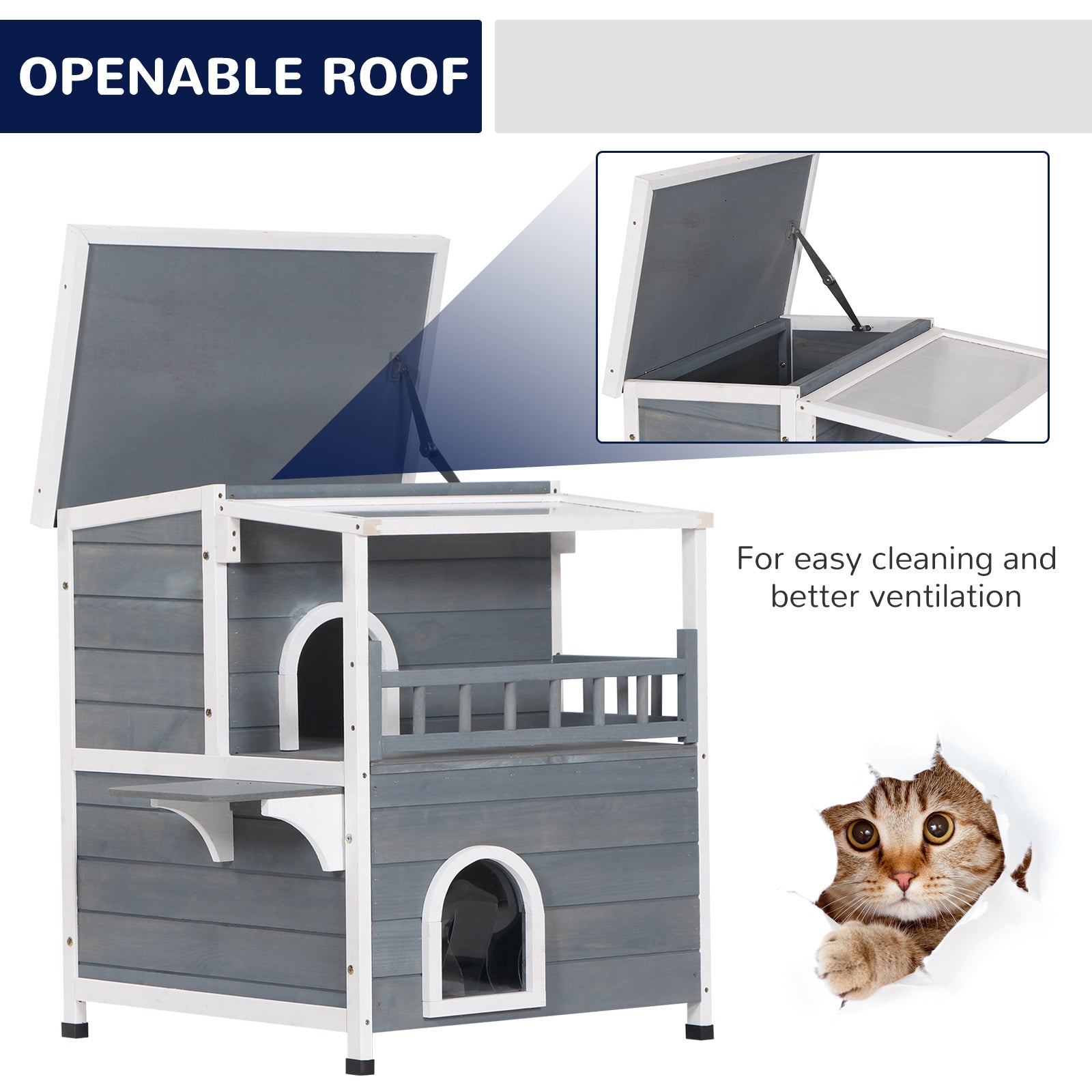 PawHut 2-Story Wooden Cat House Feral Cat Shelter with Transparent PVC Canopy, Balcony, Escape Door and Openable Weatherproof Roof for Outdoor, Grey