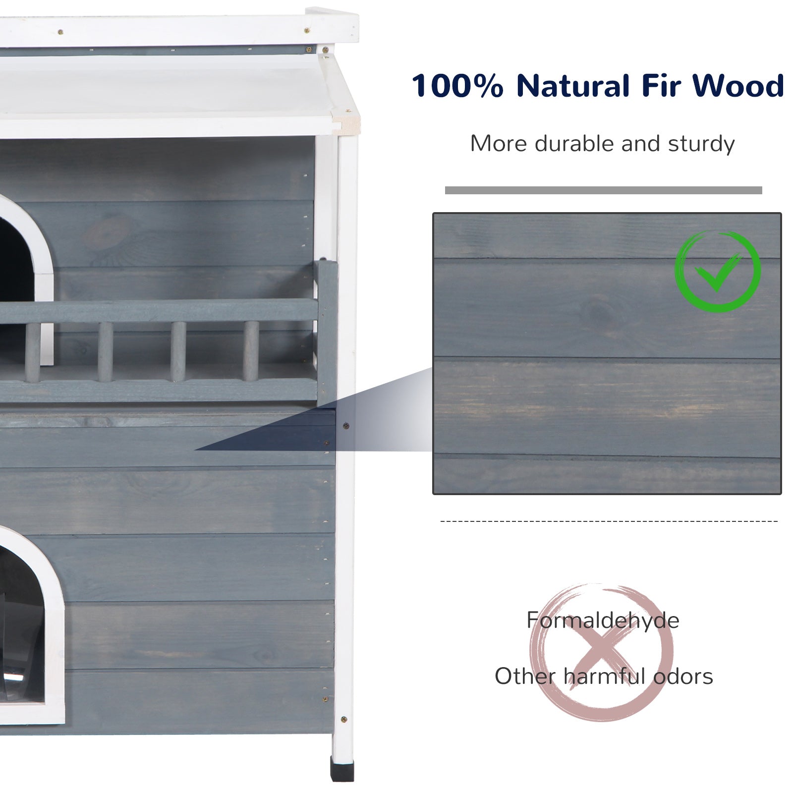 PawHut 2-Story Wooden Cat House Feral Cat Shelter with Transparent PVC Canopy, Balcony, Escape Door and Openable Weatherproof Roof for Outdoor, Grey