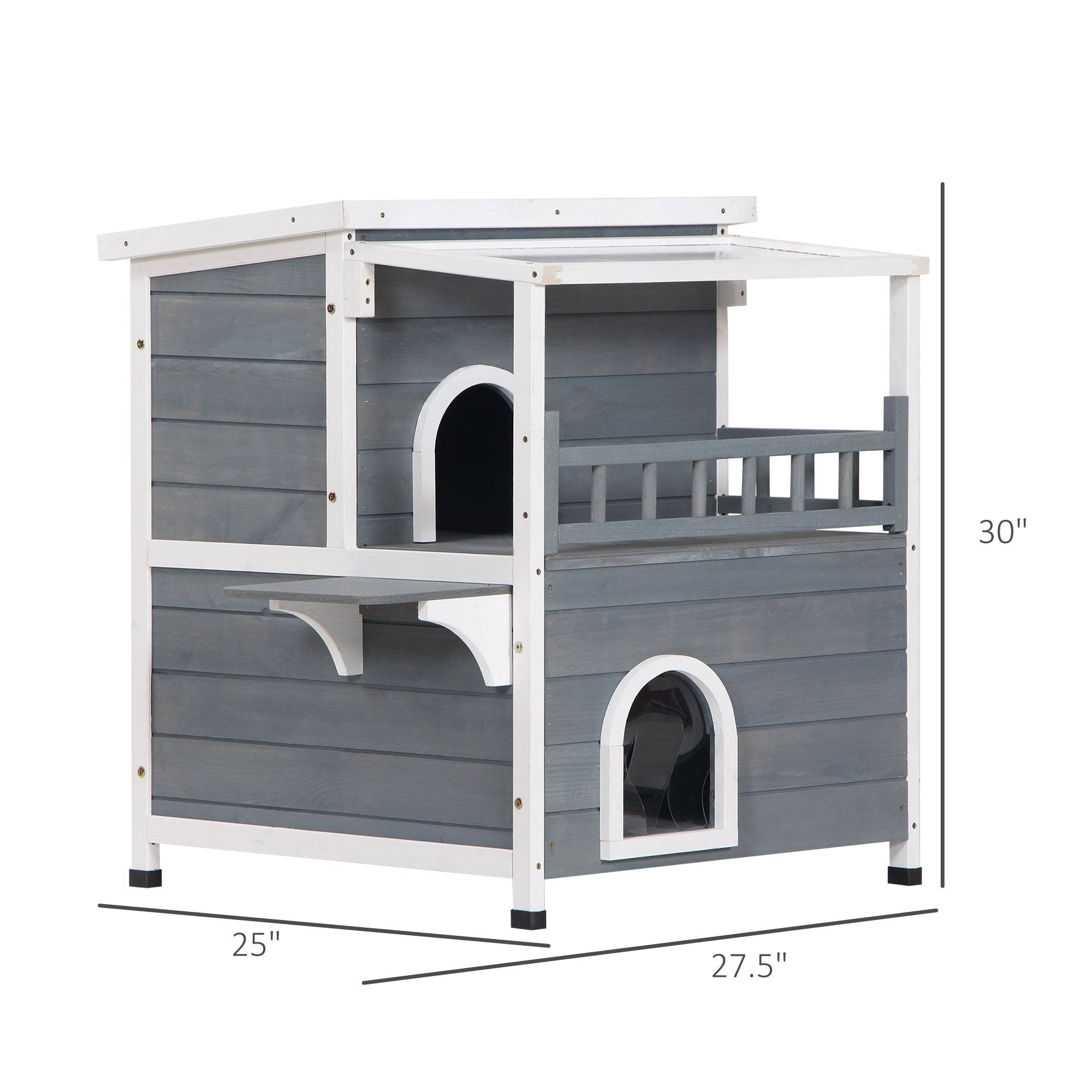 PawHut 2-Story Wooden Cat House Feral Cat Shelter with Transparent PVC Canopy, Balcony, Escape Door and Openable Weatherproof Roof for Outdoor, Grey