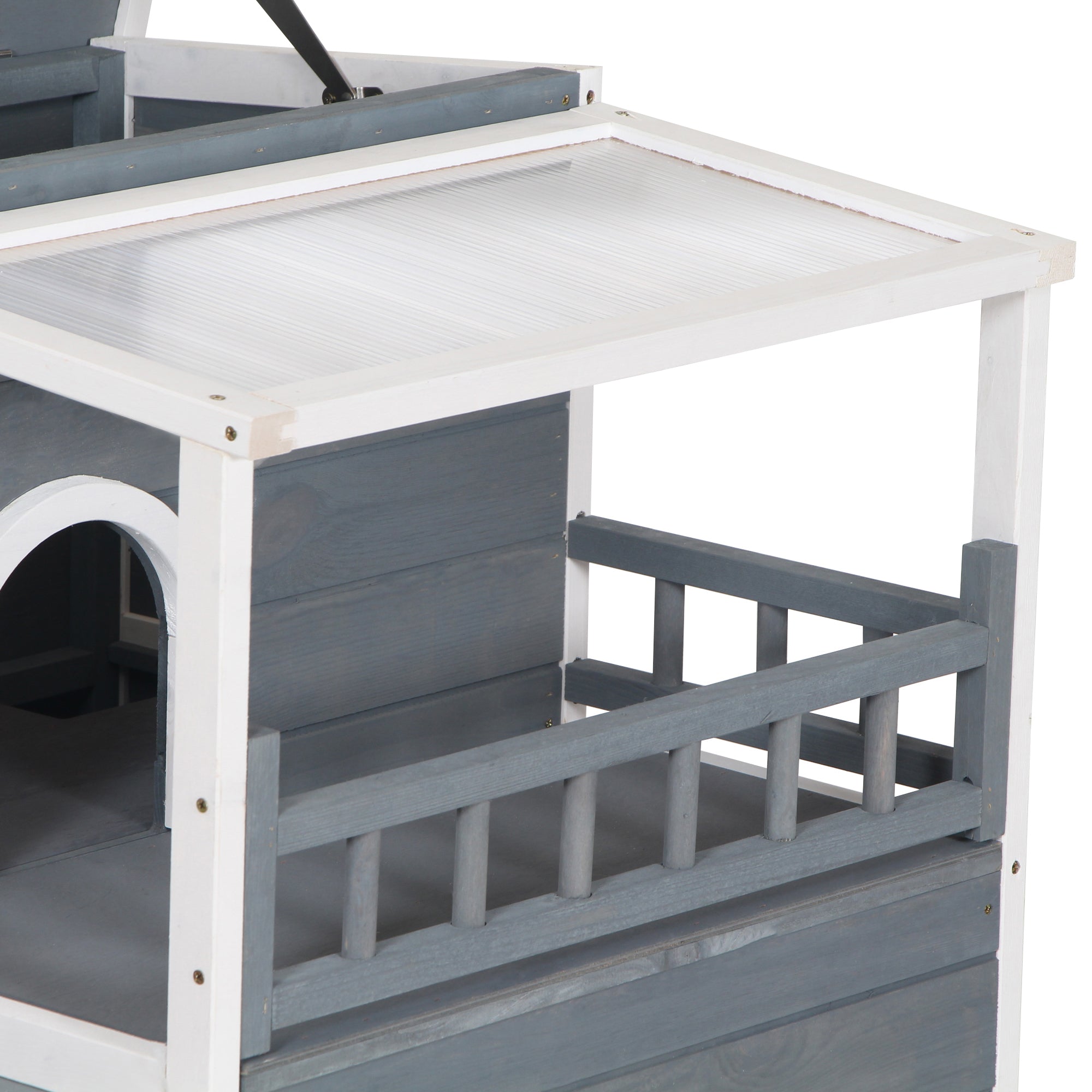 PawHut 2-Story Wooden Cat House Feral Cat Shelter with Transparent PVC Canopy, Balcony, Escape Door and Openable Weatherproof Roof for Outdoor, Grey