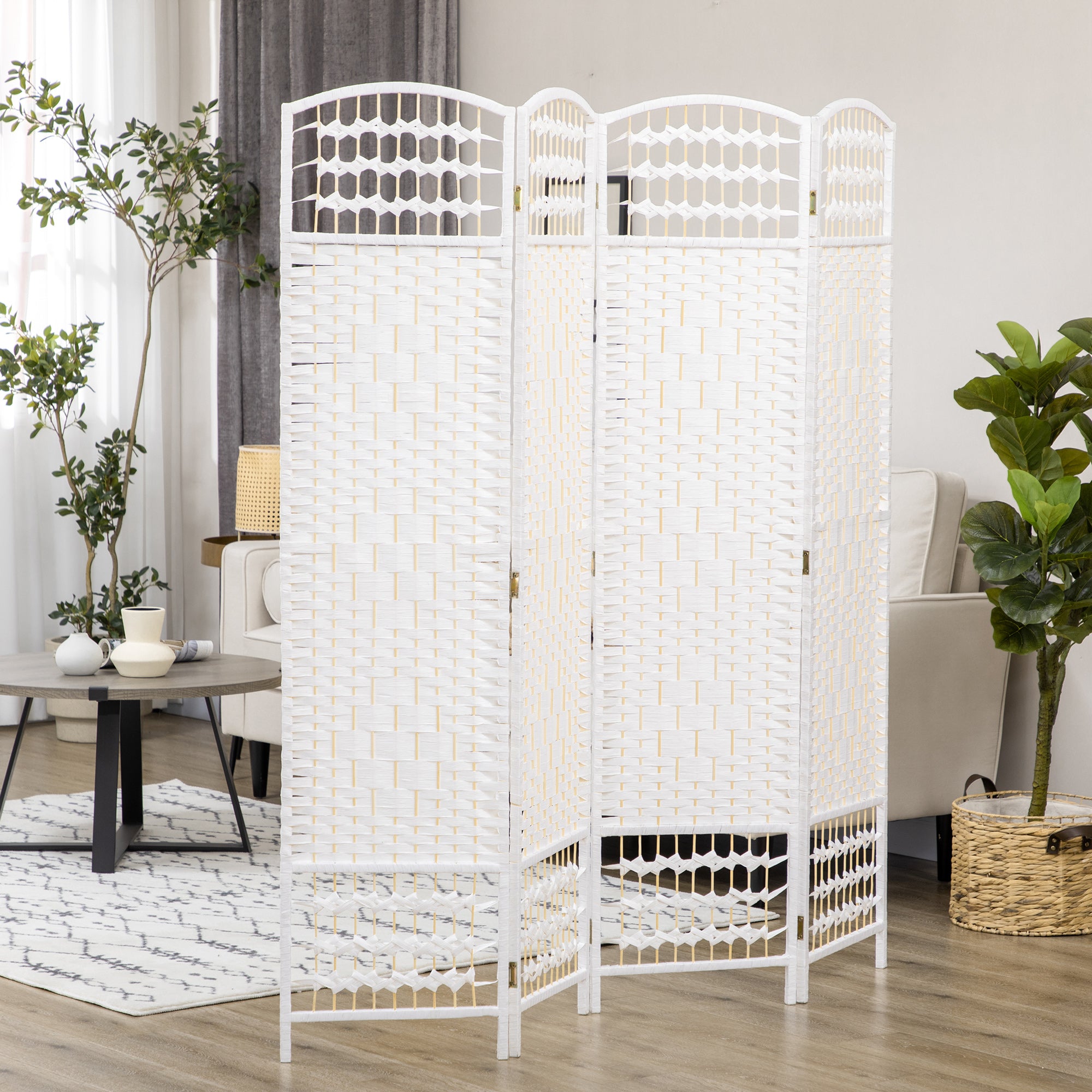 HOMCOM 4 Panel Room Divider, 5.6 ft Tall Folding Privacy Screen, Wave Fiber Freestanding Partition Wall Divider for Home Office, White