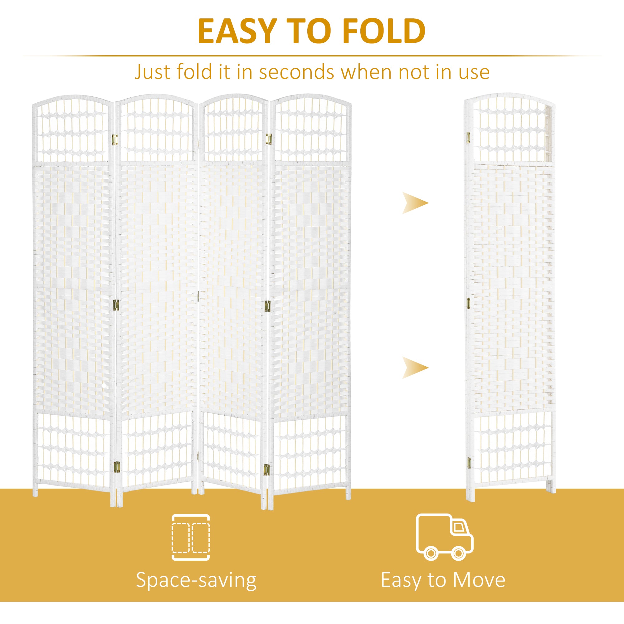 HOMCOM 4 Panel Room Divider, 5.6 ft Tall Folding Privacy Screen, Wave Fiber Freestanding Partition Wall Divider for Home Office, White