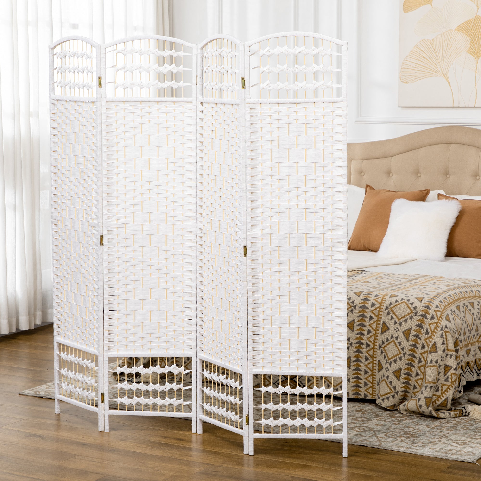 HOMCOM 4 Panel Room Divider, 5.6 ft Tall Folding Privacy Screen, Wave Fiber Freestanding Partition Wall Divider for Home Office, White