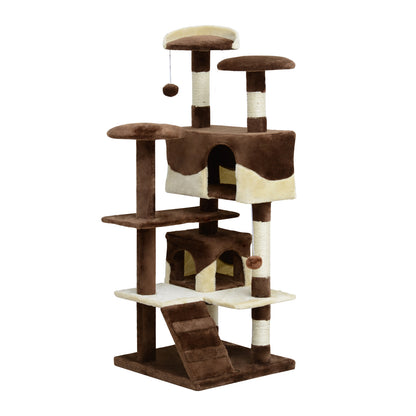 PawHut 53" Cat Tree Tower, Large Cat Condo Furniture Multi-Level Activity Center with Scratching Posts, Perches, Ramp, Dangling Balls - Coffee