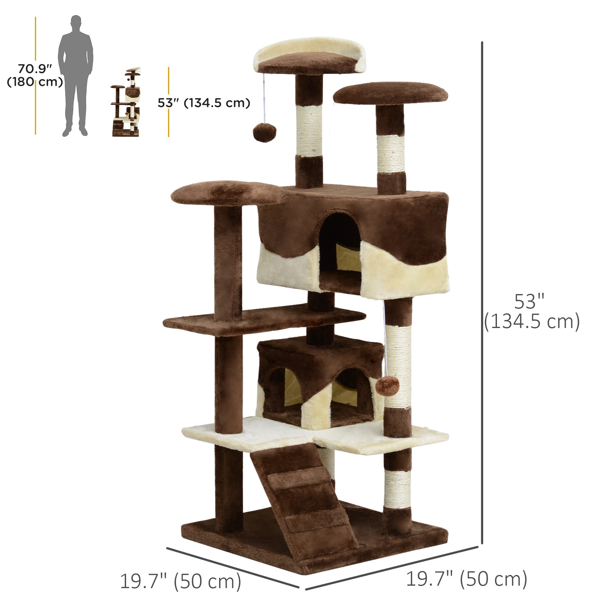PawHut 53" Cat Tree Tower, Large Cat Condo Furniture Multi-Level Activity Center with Scratching Posts, Perches, Ramp, Dangling Balls - Coffee