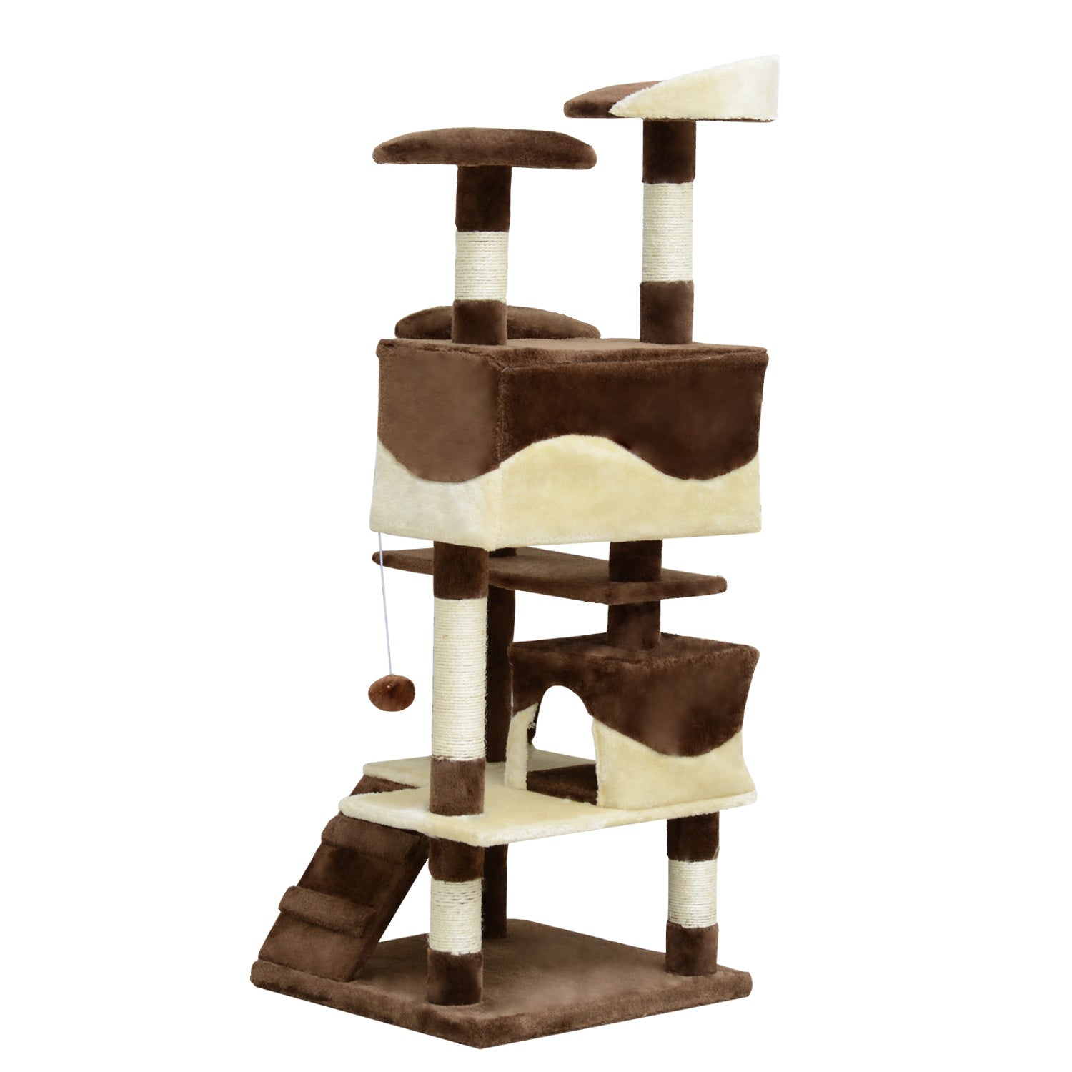 PawHut 53" Cat Tree Tower, Large Cat Condo Furniture Multi-Level Activity Center with Scratching Posts, Perches, Ramp, Dangling Balls - Coffee