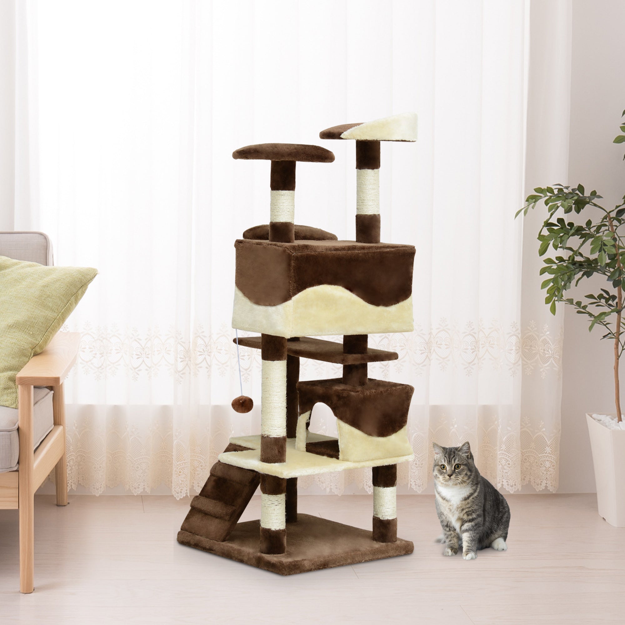 PawHut 53" Cat Tree Tower, Large Cat Condo Furniture Multi-Level Activity Center with Scratching Posts, Perches, Ramp, Dangling Balls - Coffee