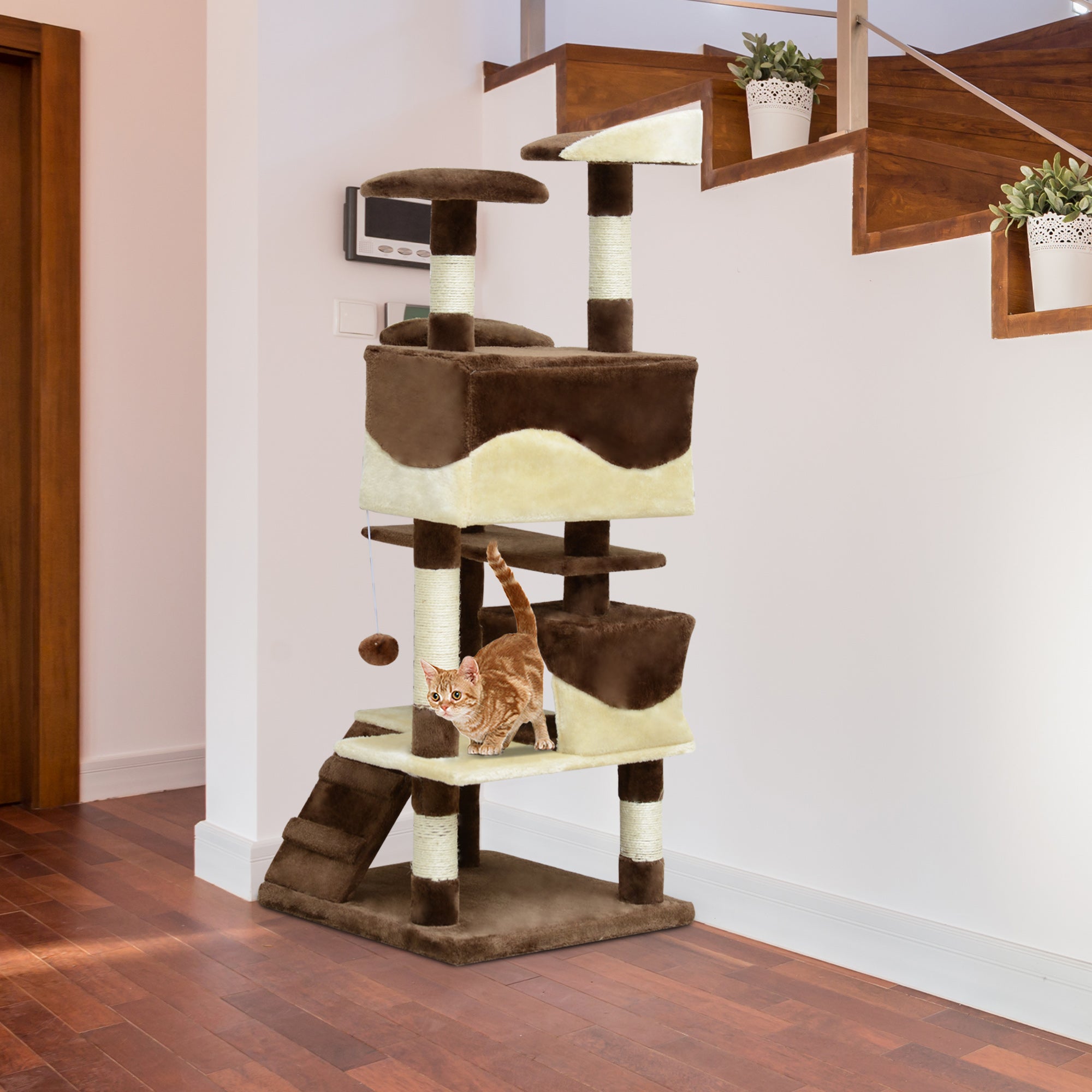 PawHut 53" Cat Tree Tower, Large Cat Condo Furniture Multi-Level Activity Center with Scratching Posts, Perches, Ramp, Dangling Balls - Coffee