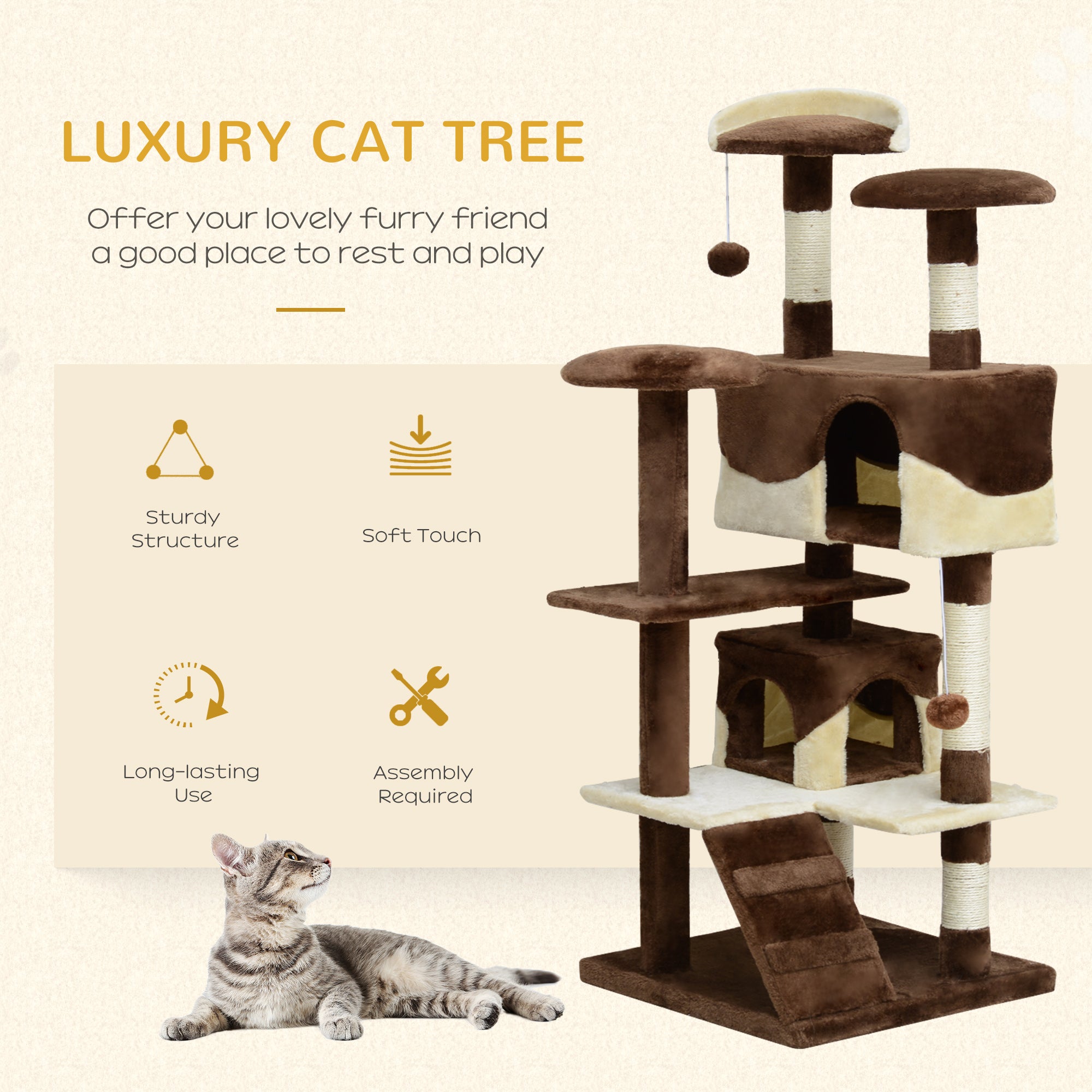 PawHut 53" Cat Tree Tower, Large Cat Condo Furniture Multi-Level Activity Center with Scratching Posts, Perches, Ramp, Dangling Balls - Coffee
