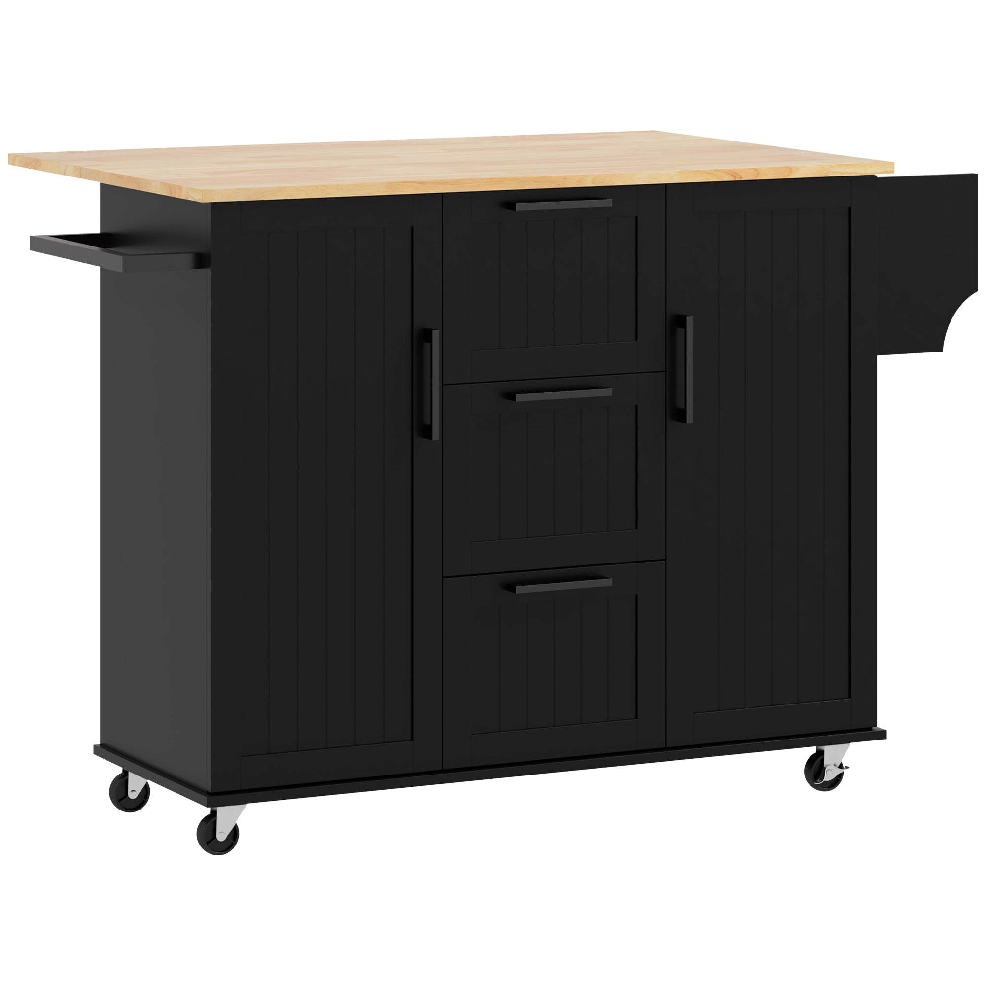 HOMCOM Kitchen Island with Drop Leaf, Rolling Kitchen Cart on Wheels with 3 Drawers, 2 Cabinets, Natural Wood Top, Spice Rack and Towel Rack, Black