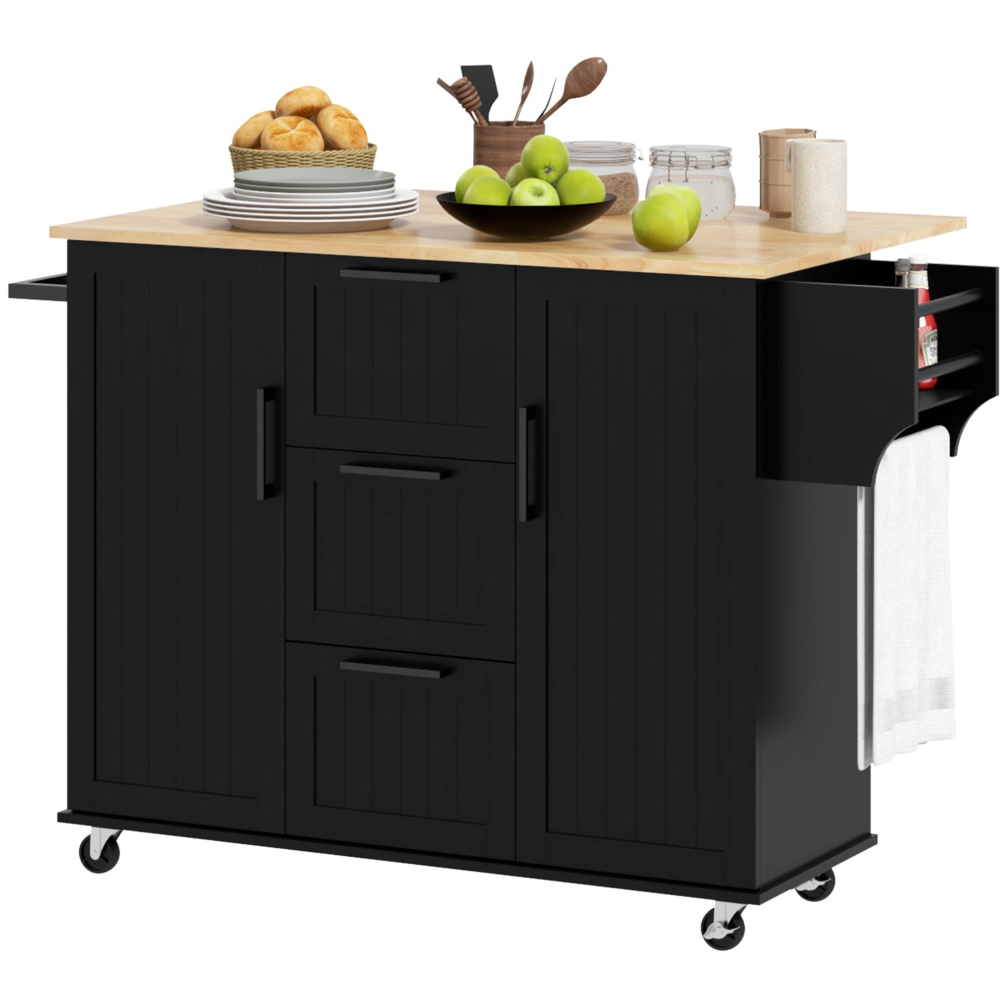HOMCOM Kitchen Island with Drop Leaf, Rolling Kitchen Cart on Wheels with 3 Drawers, 2 Cabinets, Natural Wood Top, Spice Rack and Towel Rack, Black