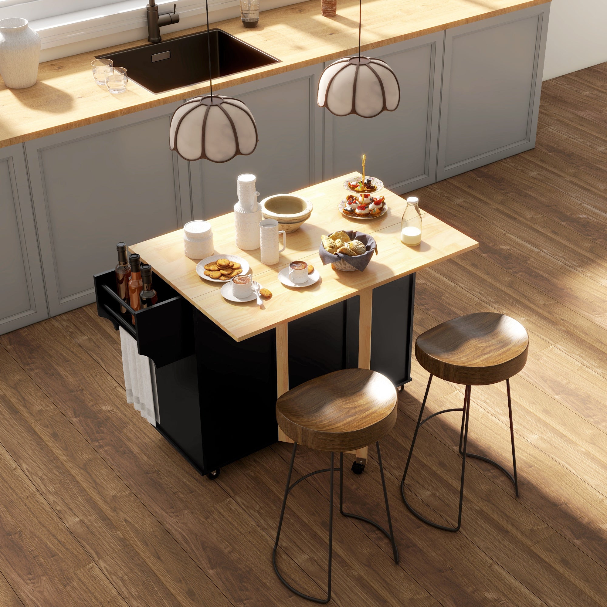HOMCOM Kitchen Island with Drop Leaf, Rolling Kitchen Cart on Wheels with 3 Drawers, 2 Cabinets, Natural Wood Top, Spice Rack and Towel Rack, Black