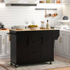 HOMCOM Kitchen Island with Drop Leaf, Rolling Kitchen Cart on Wheels with 3 Drawers, 2 Cabinets, Natural Wood Top, Spice Rack and Towel Rack, Black