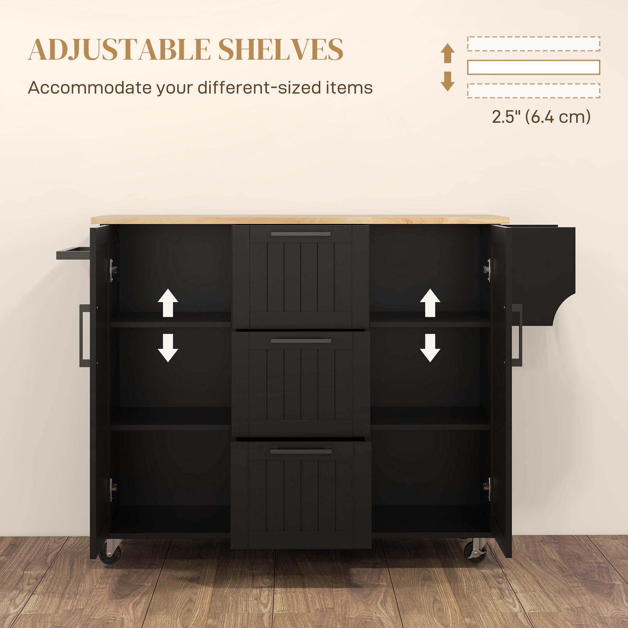 HOMCOM Kitchen Island with Drop Leaf, Rolling Kitchen Cart on Wheels with 3 Drawers, 2 Cabinets, Natural Wood Top, Spice Rack and Towel Rack, Black
