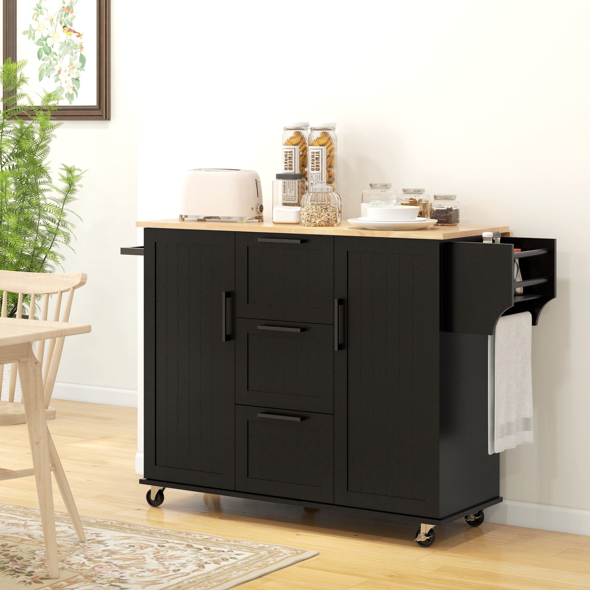 HOMCOM Kitchen Island with Drop Leaf, Rolling Kitchen Cart on Wheels with 3 Drawers, 2 Cabinets, Natural Wood Top, Spice Rack and Towel Rack, Black