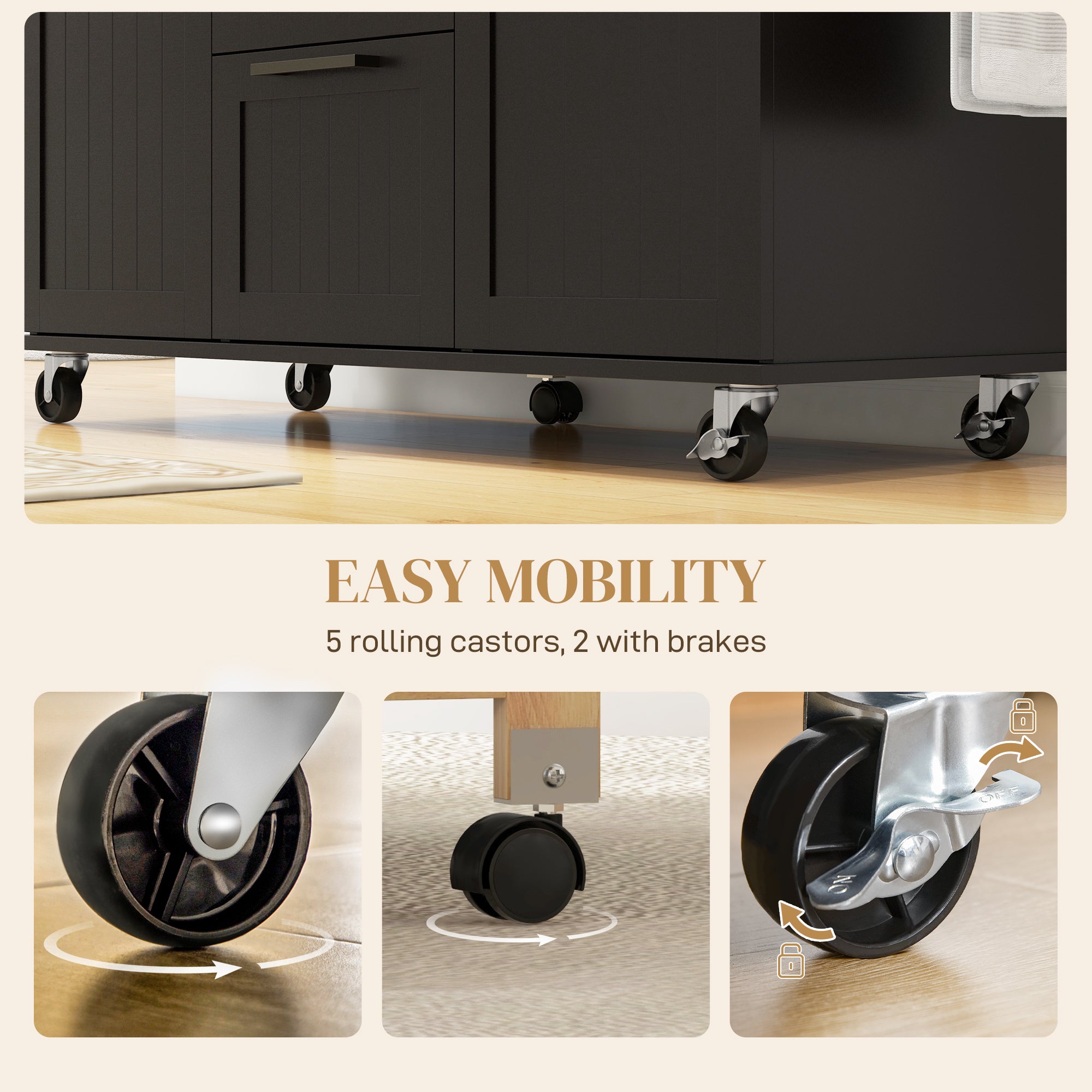 HOMCOM Kitchen Island with Drop Leaf, Rolling Kitchen Cart on Wheels with 3 Drawers, 2 Cabinets, Natural Wood Top, Spice Rack and Towel Rack, Black