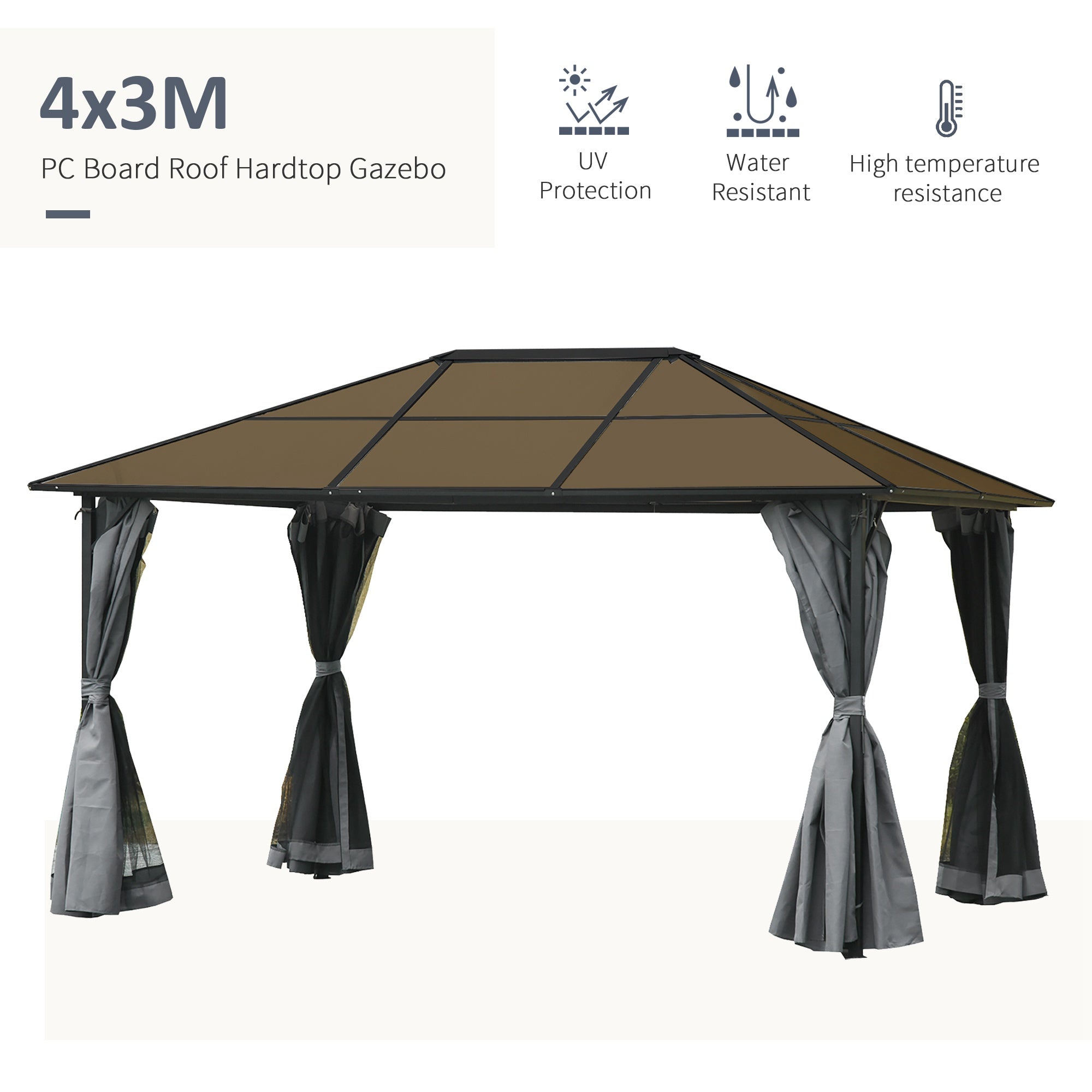 Outsunny 10' x 13' Patio Gazebo Aluminum Framed Polycarbonate Roof Hardtop Garden Canopy Party Tent Marquee Outdoor Shelter with Mesh Curtains & Side Walls - Grey