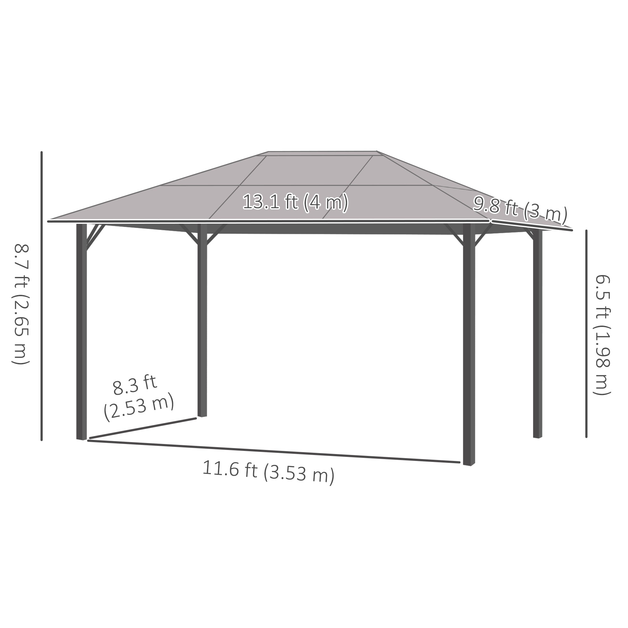 Outsunny 10' x 13' Patio Gazebo Aluminum Framed Polycarbonate Roof Hardtop Garden Canopy Party Tent Marquee Outdoor Shelter with Mesh Curtains & Side Walls - Grey