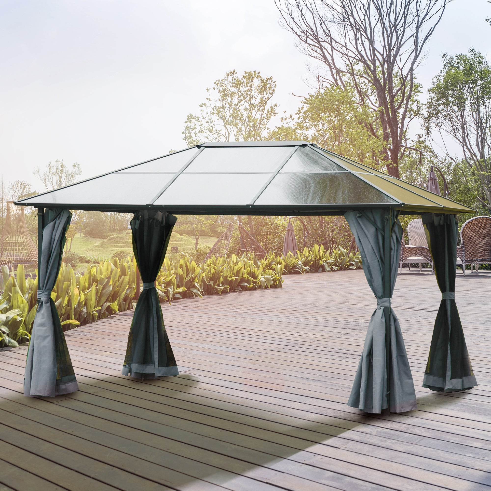 Outsunny 10' x 13' Patio Gazebo Aluminum Framed Polycarbonate Roof Hardtop Garden Canopy Party Tent Marquee Outdoor Shelter with Mesh Curtains & Side Walls - Grey