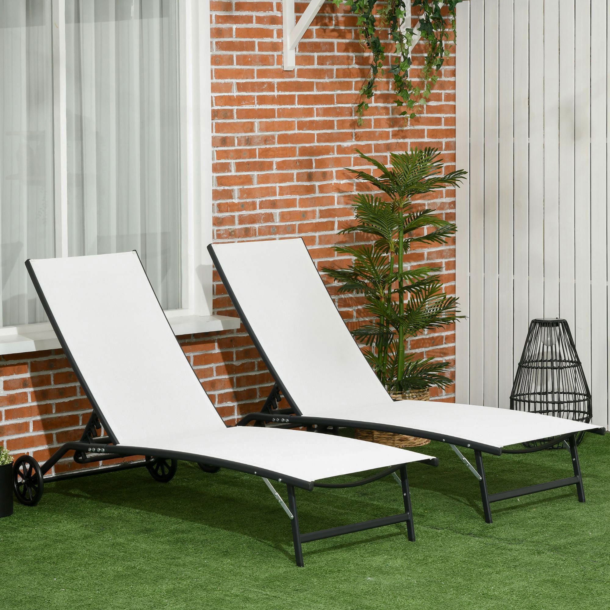 Outsunny Lounge Chair Set of 2 with Wheels, Outdoor Chaise Lounge with 5-Level Adjustable Backrest for Garden, Backyard, Patio, Deck, Poolside, White