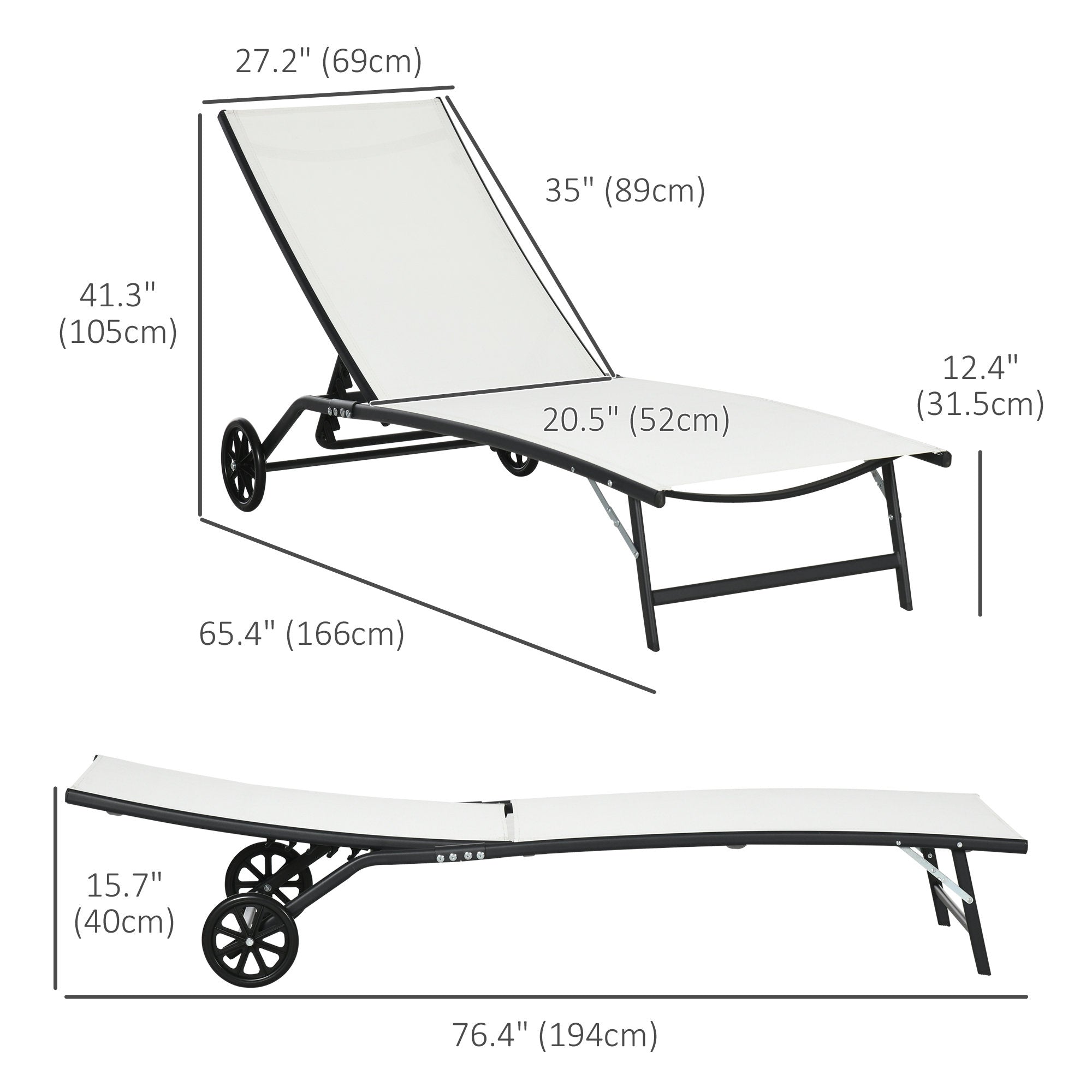Outsunny Lounge Chair Set of 2 with Wheels, Outdoor Chaise Lounge with 5-Level Adjustable Backrest for Garden, Backyard, Patio, Deck, Poolside, White