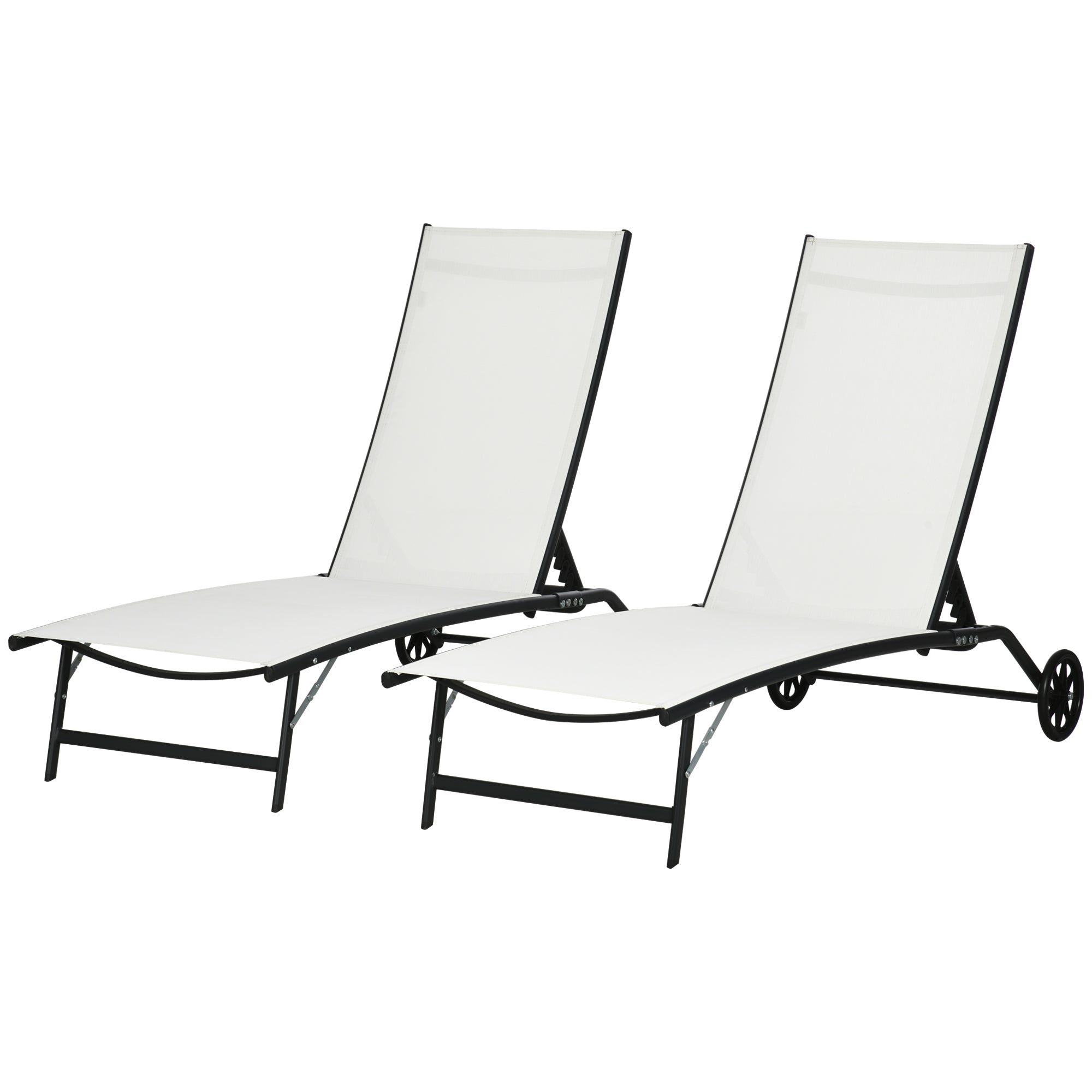 Outsunny Lounge Chair Set of 2 with Wheels, Outdoor Chaise Lounge with 5-Level Adjustable Backrest for Garden, Backyard, Patio, Deck, Poolside, White