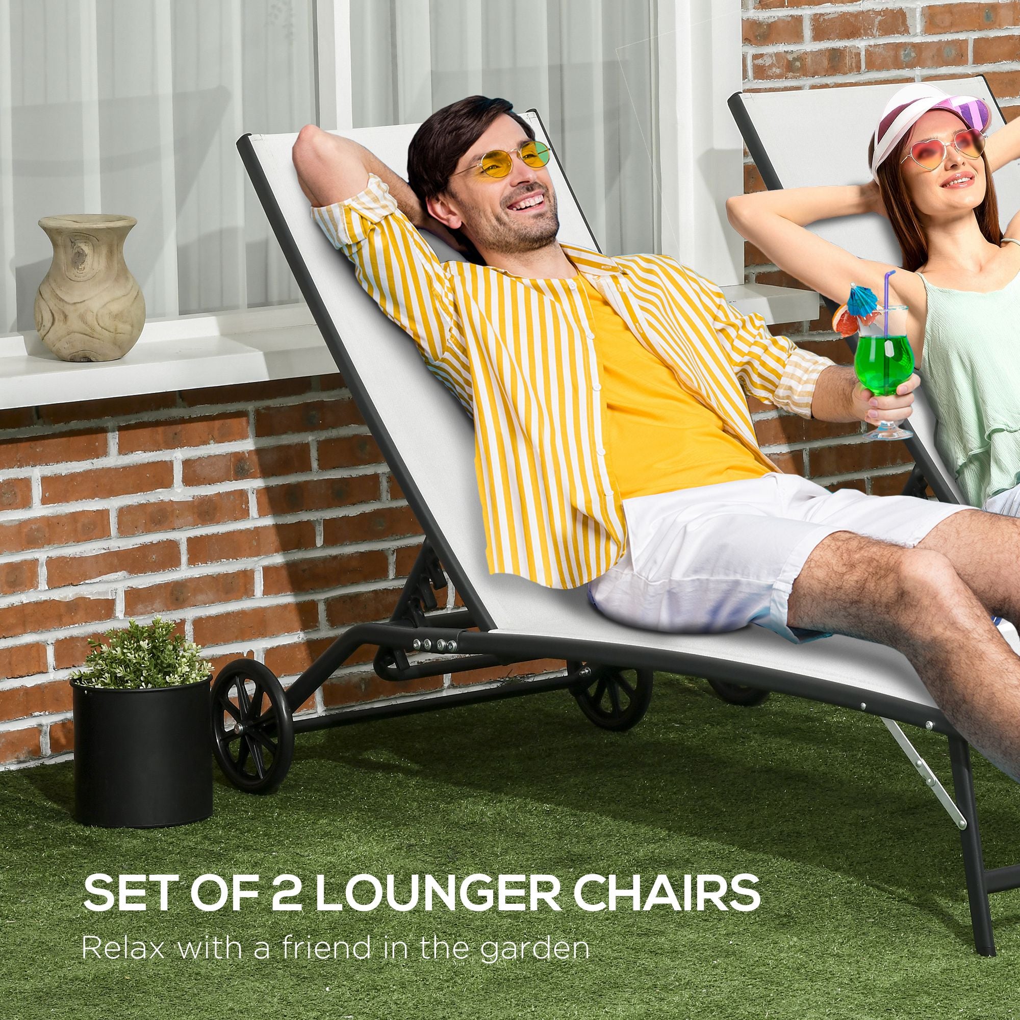 Outsunny Lounge Chair Set of 2 with Wheels, Outdoor Chaise Lounge with 5-Level Adjustable Backrest for Garden, Backyard, Patio, Deck, Poolside, White