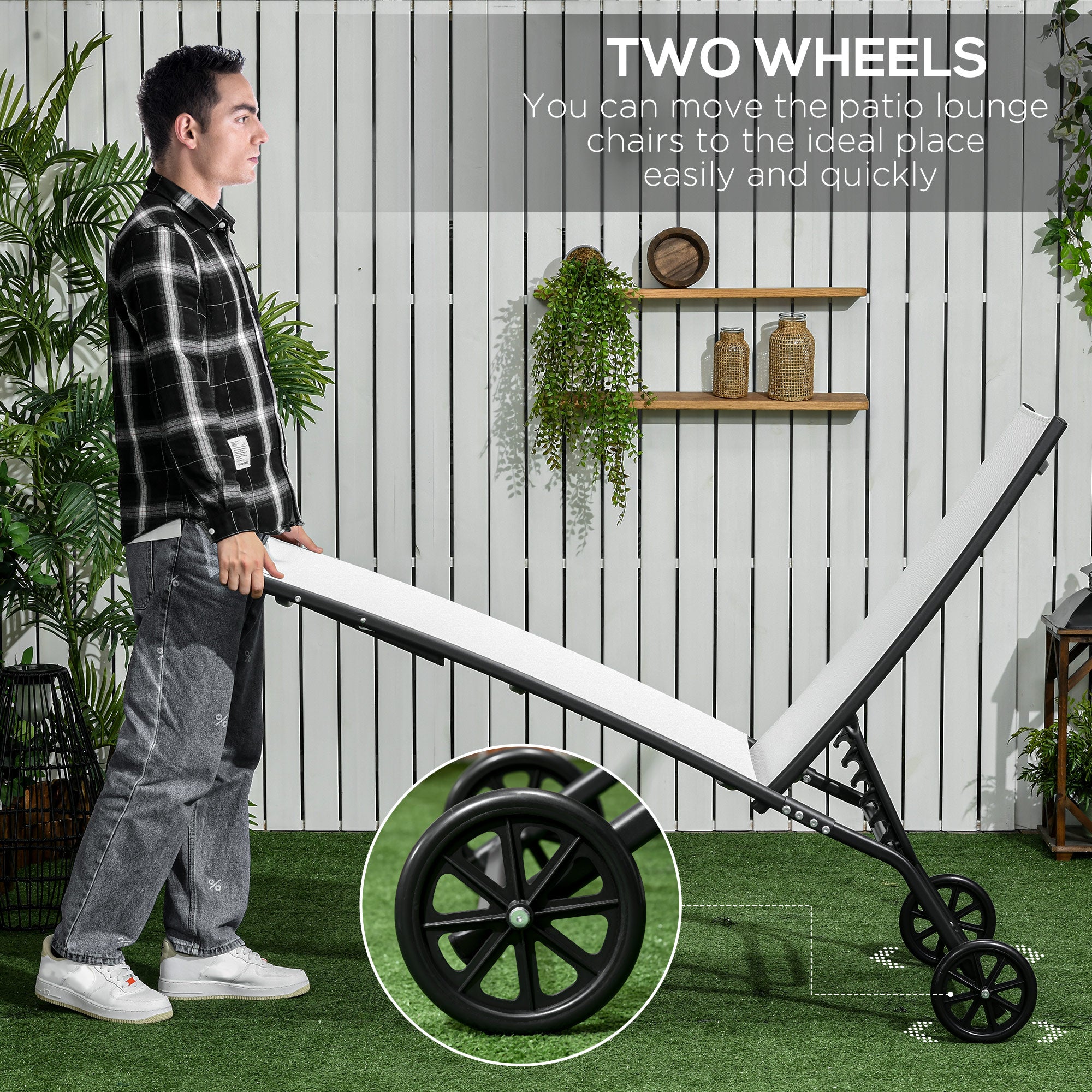 Outsunny Lounge Chair Set of 2 with Wheels, Outdoor Chaise Lounge with 5-Level Adjustable Backrest for Garden, Backyard, Patio, Deck, Poolside, White