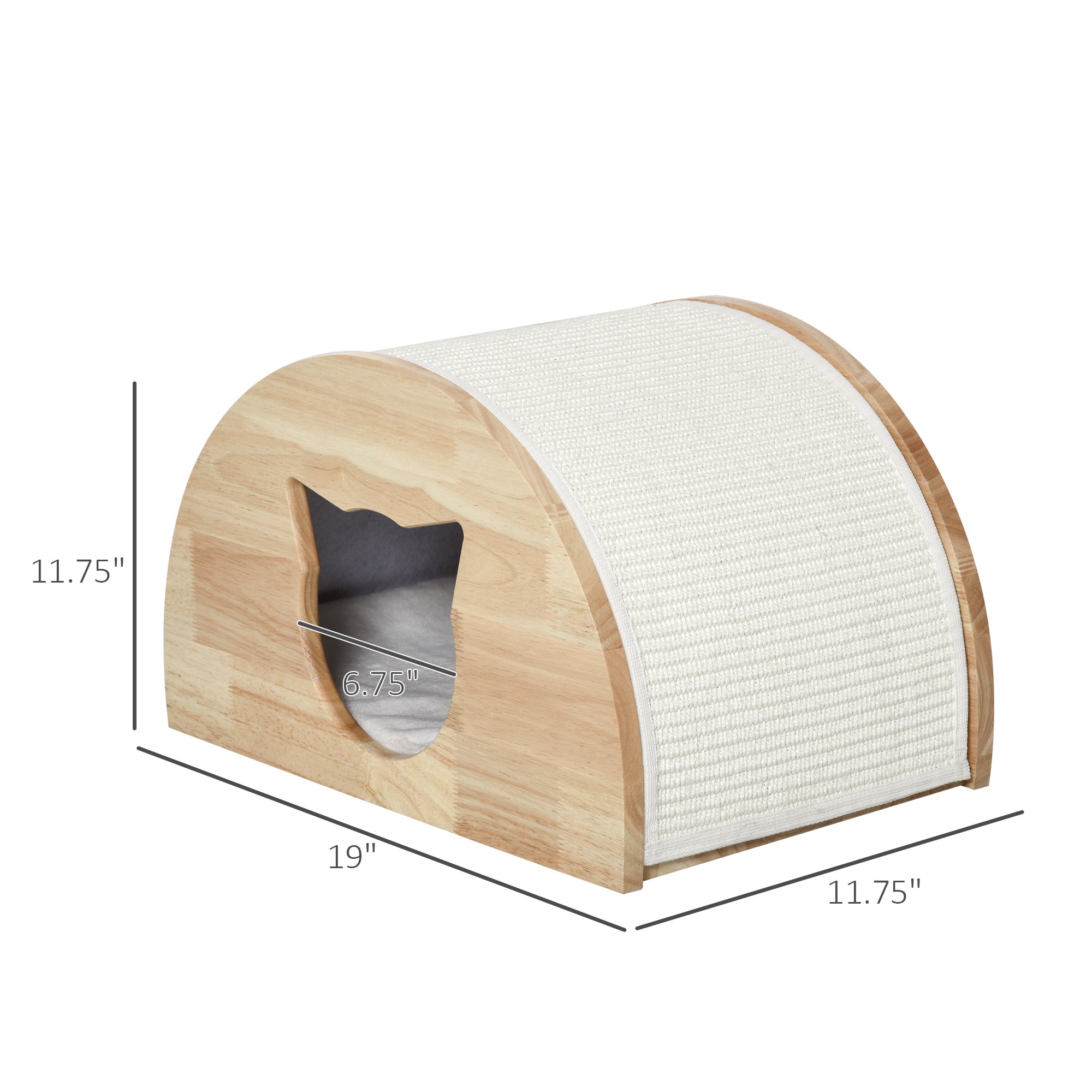 PawHut Wooden Cat House Kitten Condo with Cat-Shaped Entrance Sisal Scratching Carpet Soft Cushion, Natural
