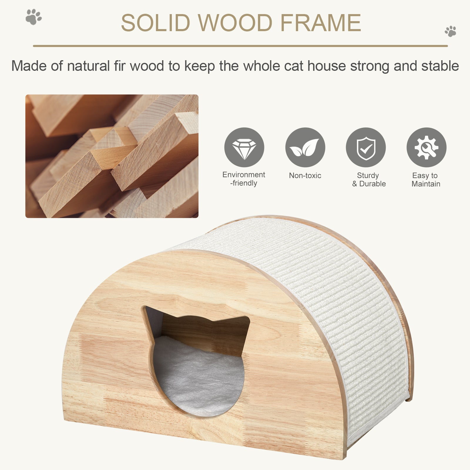 PawHut Wooden Cat House Kitten Condo with Cat-Shaped Entrance Sisal Scratching Carpet Soft Cushion, Natural
