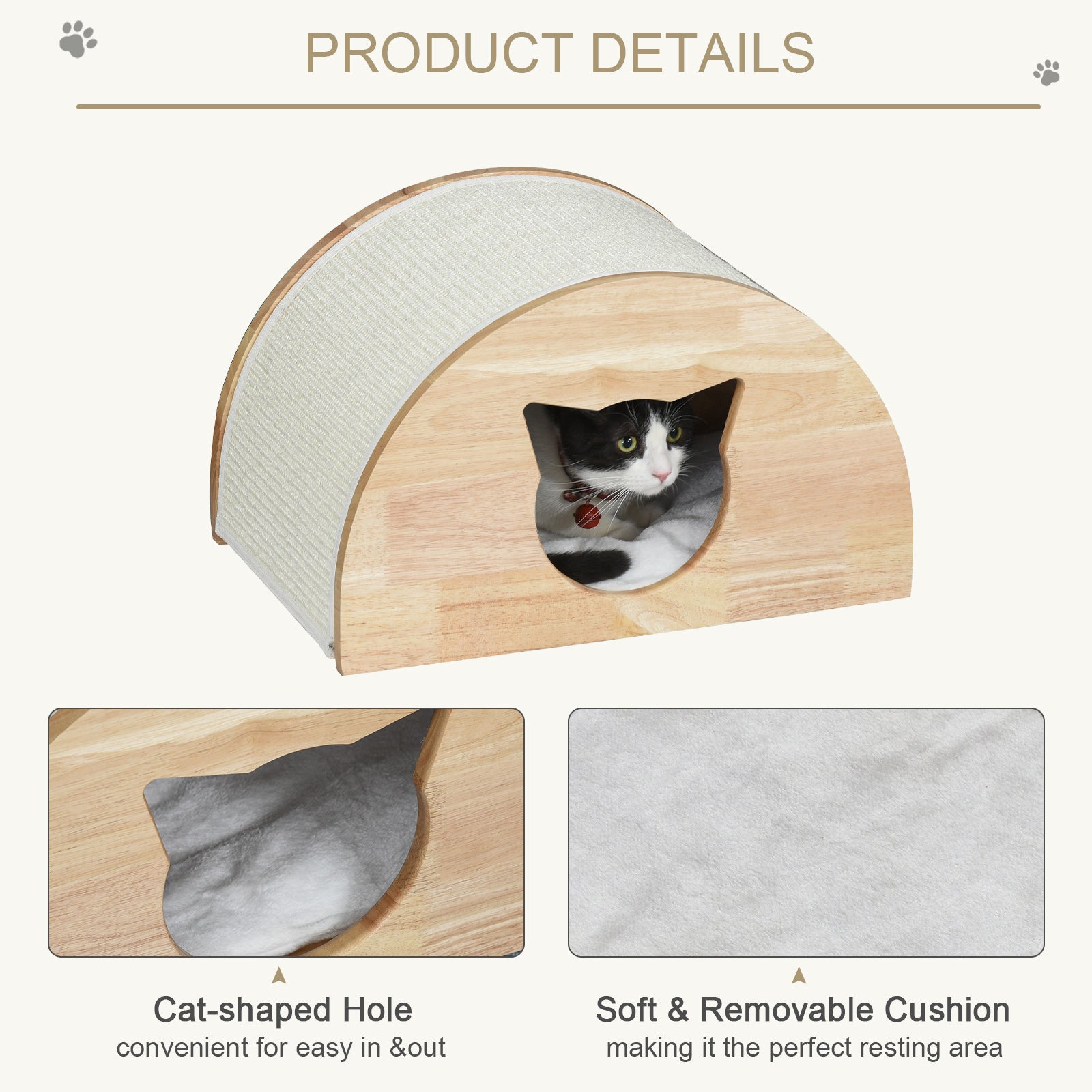 PawHut Wooden Cat House Kitten Condo with Cat-Shaped Entrance Sisal Scratching Carpet Soft Cushion, Natural