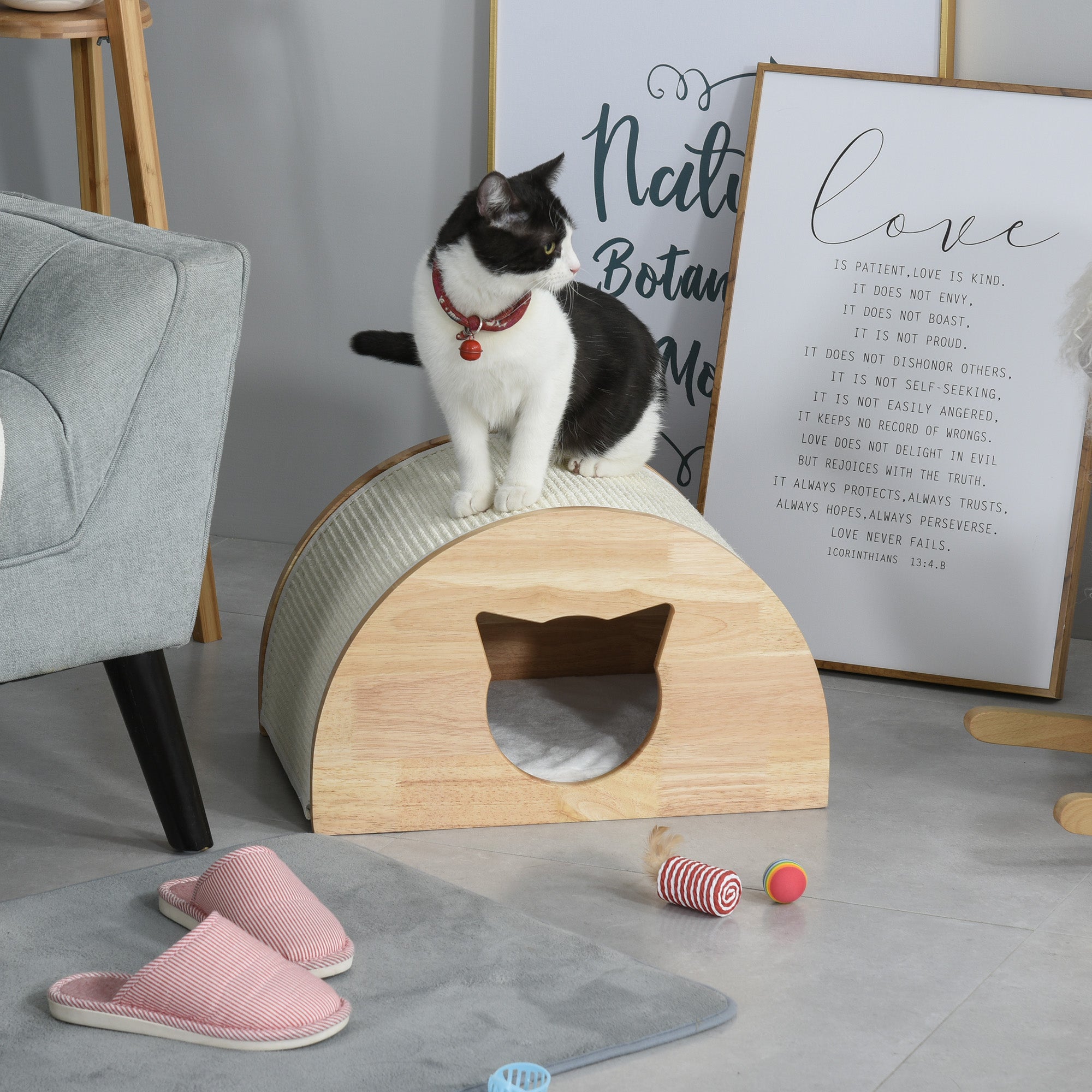 PawHut Wooden Cat House Kitten Condo with Cat-Shaped Entrance Sisal Scratching Carpet Soft Cushion, Natural