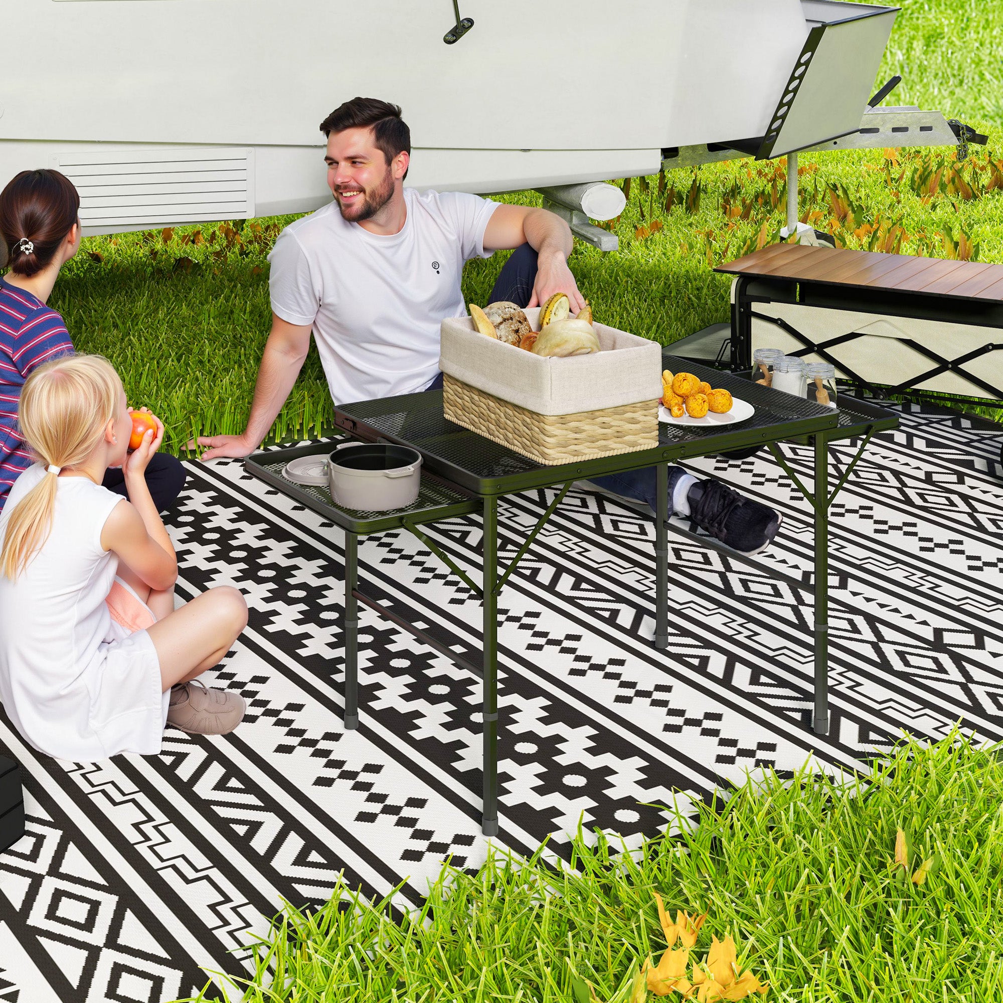 Outsunny 4.5ft Folding Grill Table, Height Adjustable Camping Table with 2 Wing Panels, Metal Portable Picnic Table with Mesh Desktop for Camping, Beach, BBQ, Black