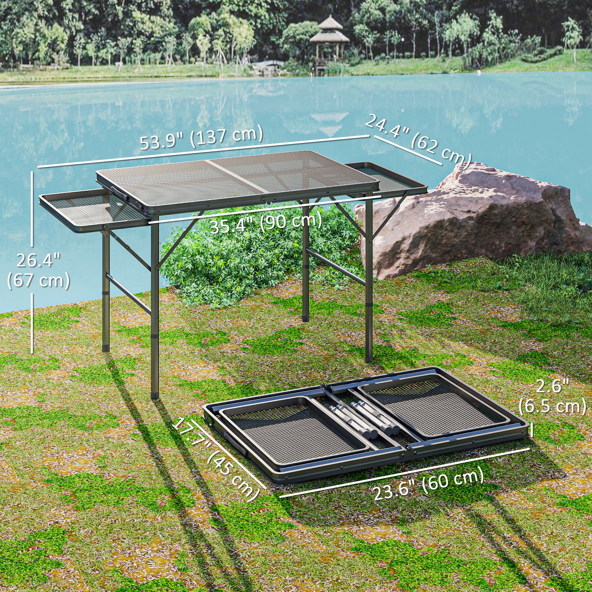 Outsunny 4.5ft Folding Grill Table, Height Adjustable Camping Table with 2 Wing Panels, Metal Portable Picnic Table with Mesh Desktop for Camping, Beach, BBQ, Black