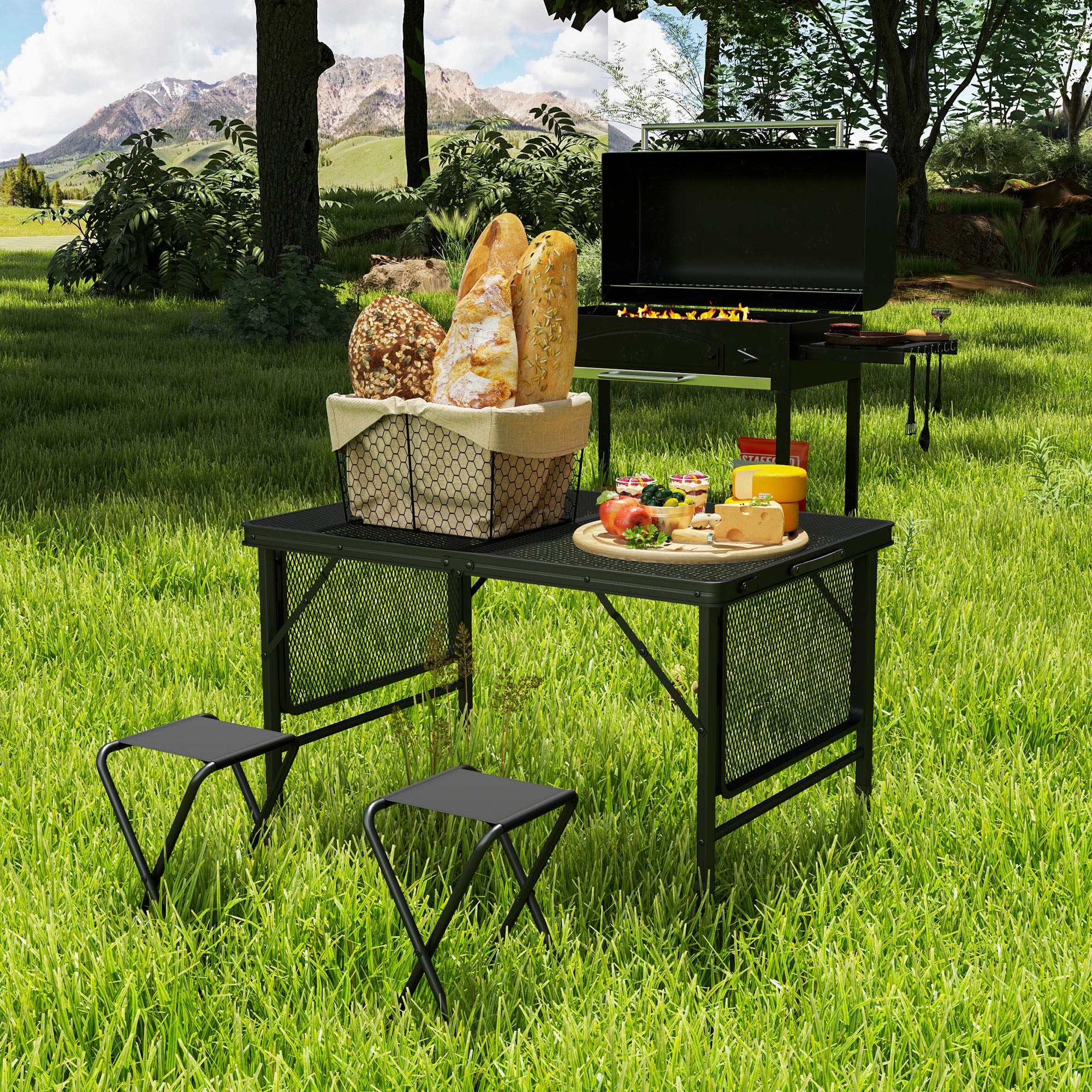Outsunny 4.5ft Folding Grill Table, Height Adjustable Camping Table with 2 Wing Panels, Metal Portable Picnic Table with Mesh Desktop for Camping, Beach, BBQ, Black