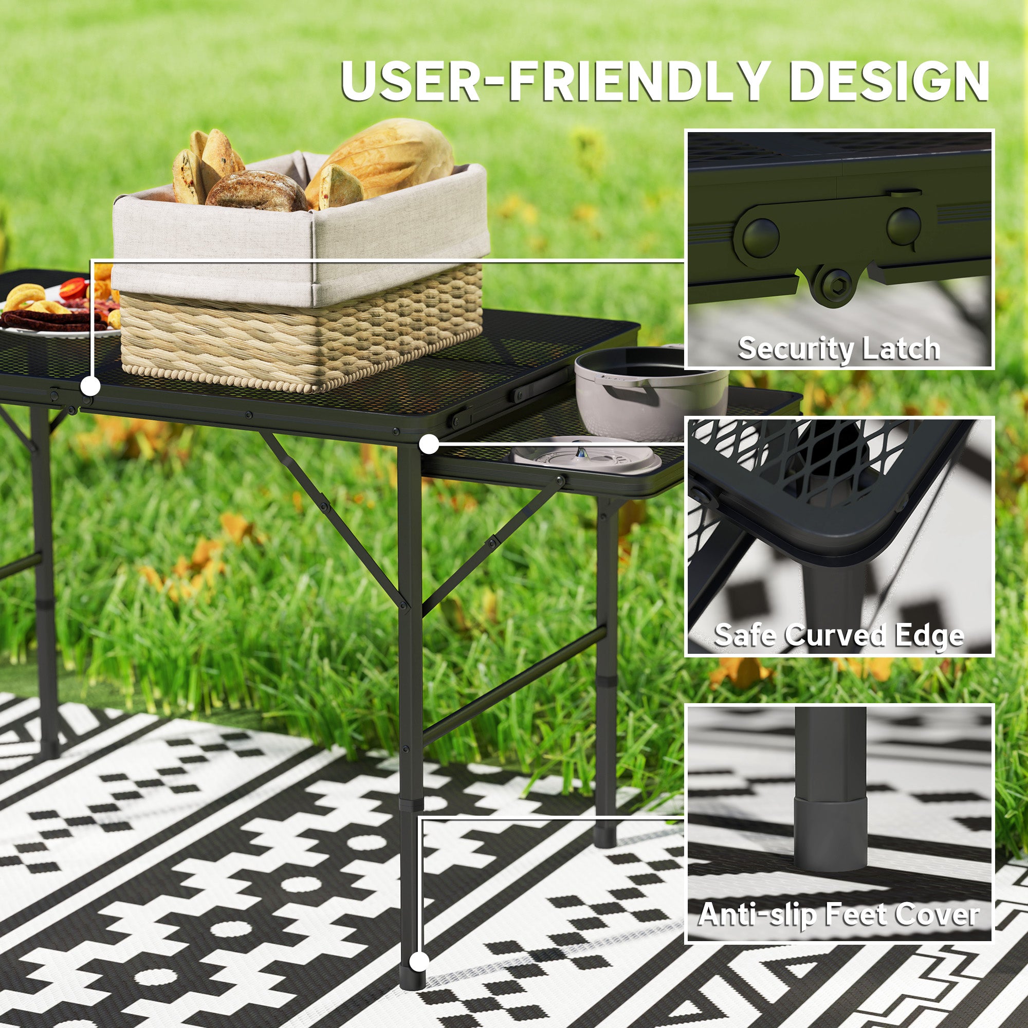 Outsunny 4.5ft Folding Grill Table, Height Adjustable Camping Table with 2 Wing Panels, Metal Portable Picnic Table with Mesh Desktop for Camping, Beach, BBQ, Black