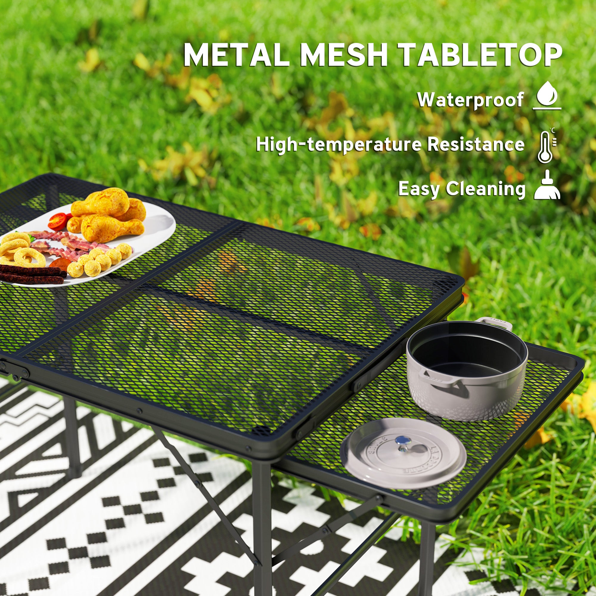 Outsunny 4.5ft Folding Grill Table, Height Adjustable Camping Table with 2 Wing Panels, Metal Portable Picnic Table with Mesh Desktop for Camping, Beach, BBQ, Black