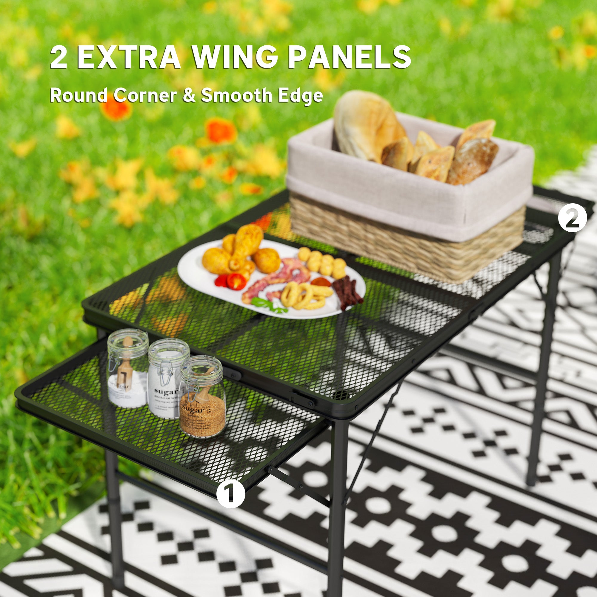 Outsunny 4.5ft Folding Grill Table, Height Adjustable Camping Table with 2 Wing Panels, Metal Portable Picnic Table with Mesh Desktop for Camping, Beach, BBQ, Black
